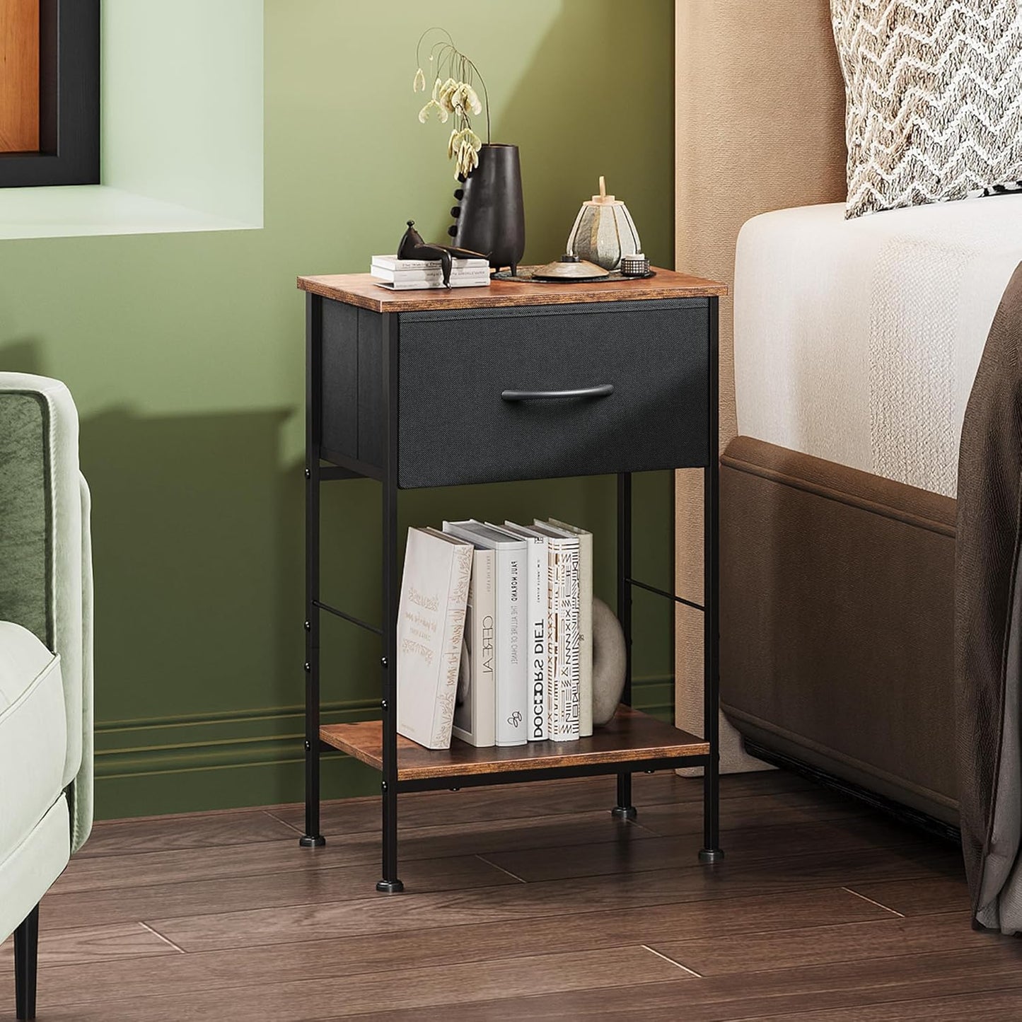 WLIVE Nightstand Set of 2, End Table with Fabric Storage Drawer and Open Wood Shelf, Bedside Furniture with Steel Frame, Side Table for Bedroom, Dorm, Black and Rustic Brown, 25.03" Height