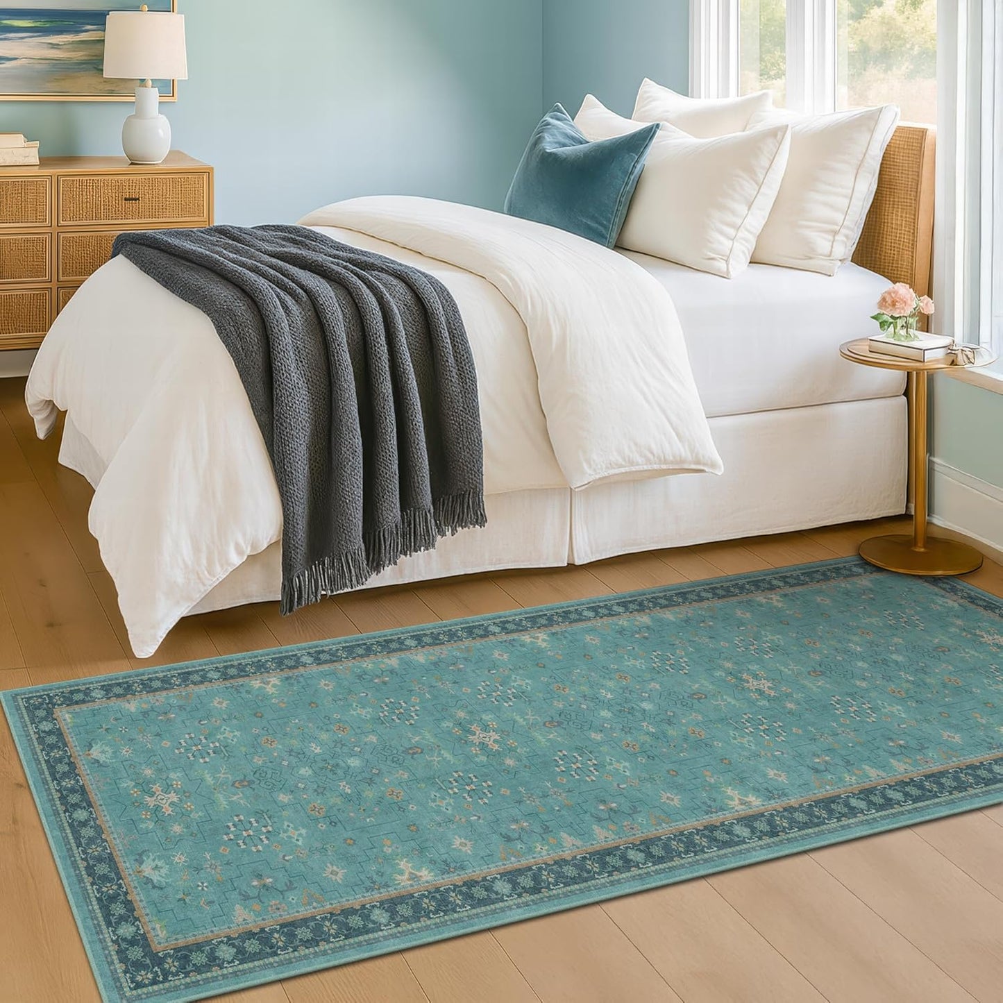 Boho 2x6 Non Slip Kitchen Rug Runner - Teal Washable Rug for Bathroom, Laundry Room, Hallway, Non Slip with Rubber Backing, Floral Aqua Blue Unique Runner Décor