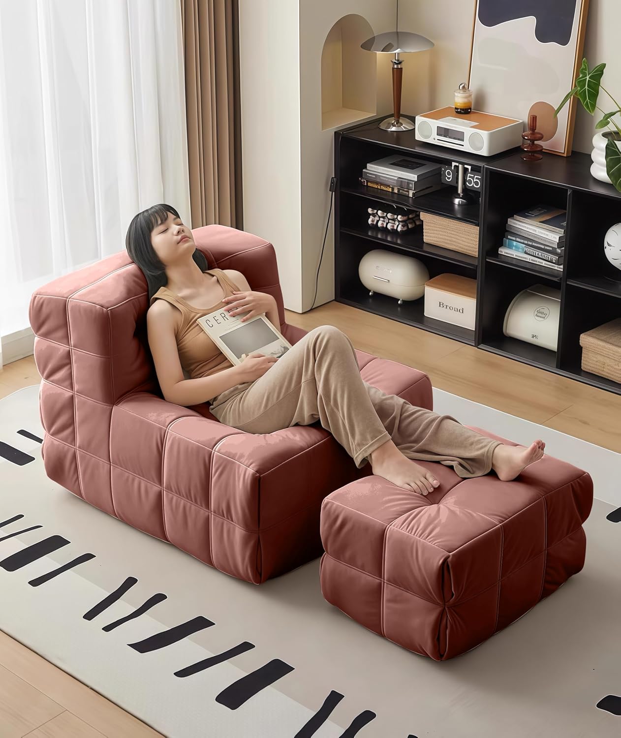 Bean Bag Chair - Memory Foam Bean Bag Chair for Adults, Comfy High-Resilience Single Sofa, Small Space Floor Chair, Chaise Lounge for Living Room, Bedroom (Pink, Square + Ottoman)