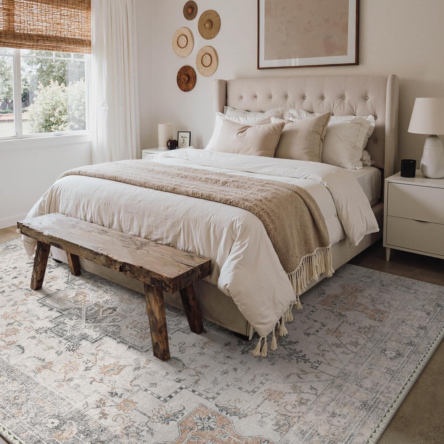 GENIMO 3x5 Area Rugs for Living Room, Machine Washable Non Slip Vintage Rugs, Low Pile Lightweight Chenille Print Rug for Bedroom, Dining Room, Home Office, Light Taupe Brown