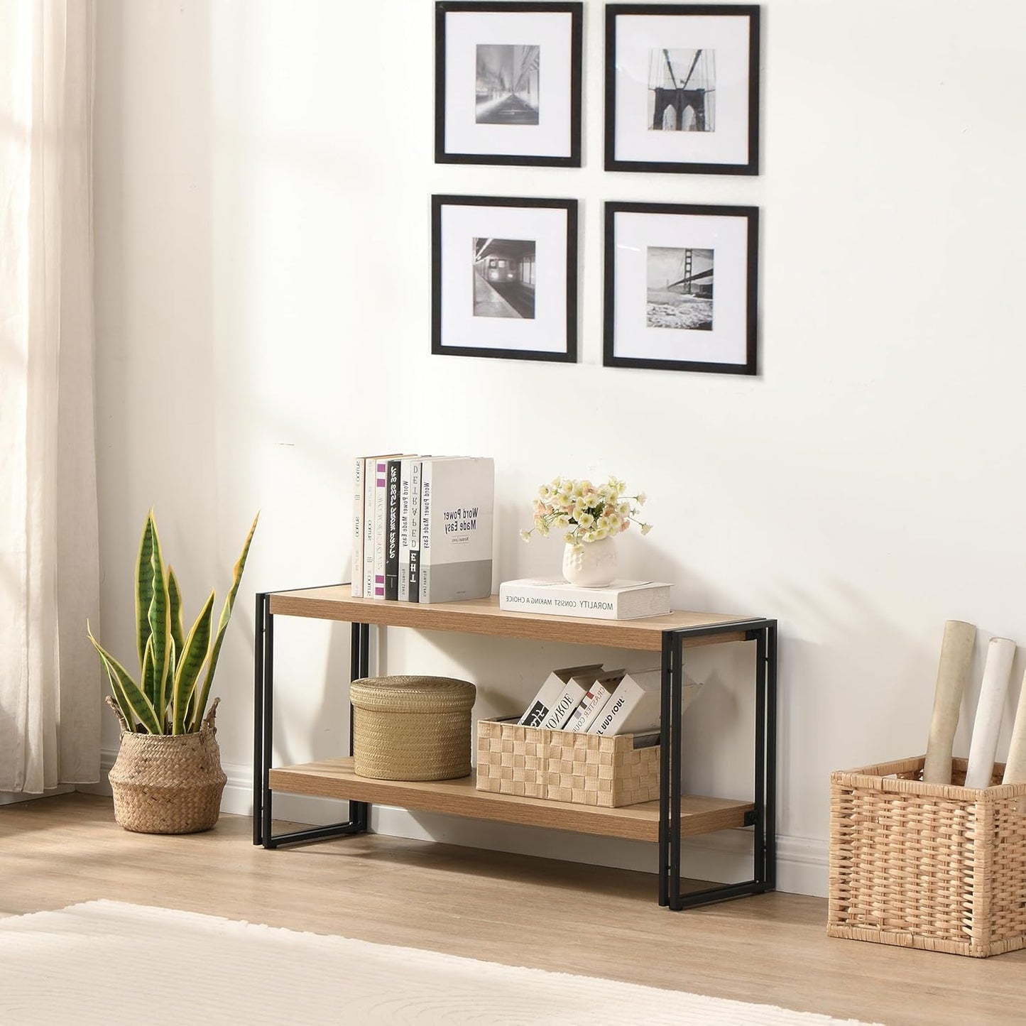 Small Industrial Bookshelf 2 Shelf Bookcases and Book Shelves for Living Room/Bedroom Wood Metal Rustic Oak