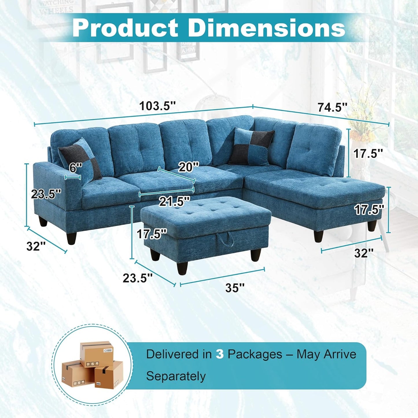 103.5" Oversized Sectional Couch, L Shaped Couch with Storage Ottoman, Modern Modular Sofa with Deep Seat, Sectional Couches for Living Room and Office, Blue (Flannel)