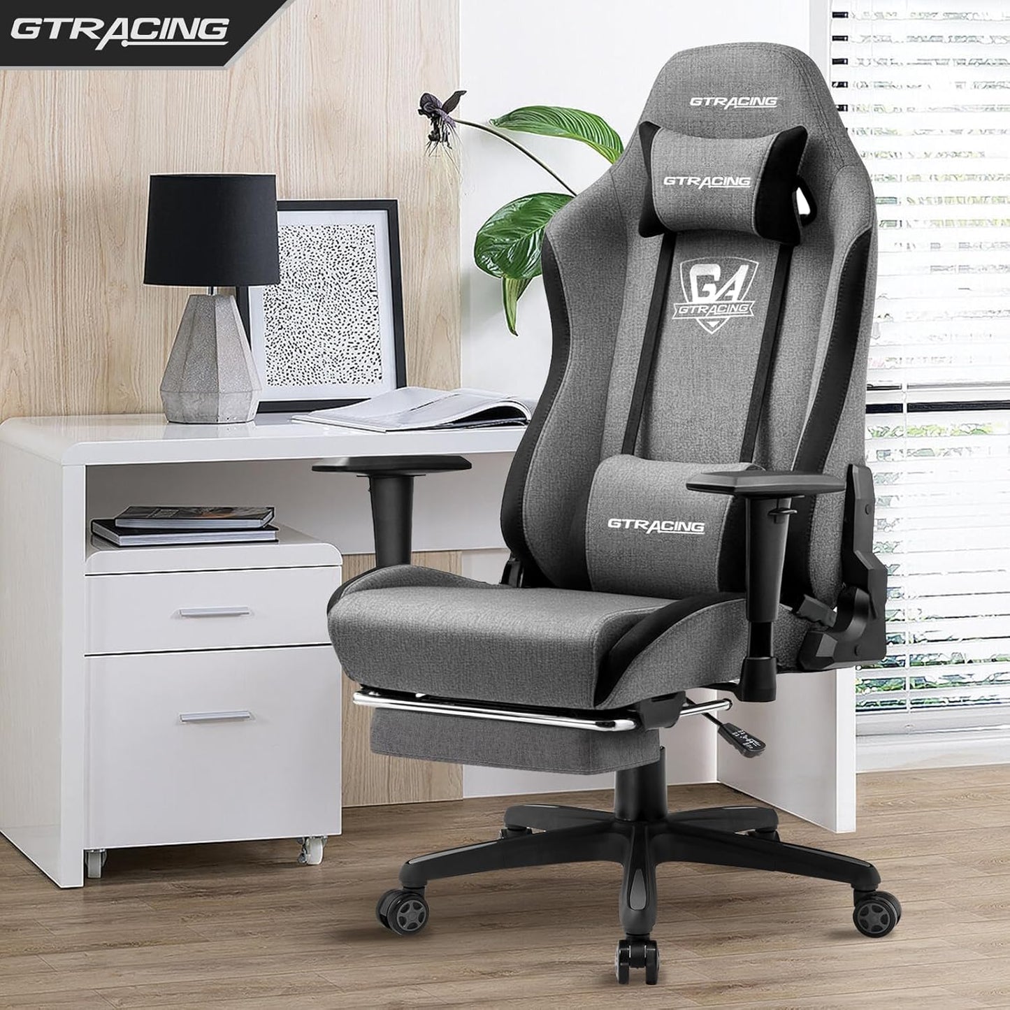 GTRACING Gaming Chair with Footrest, Fabric Breathable Big and Tall Ergonomic Computer Chair 350 lbs with Adjustable Lumbar Support and Recliner，High Back Game Chair for Office Gaming, Grey