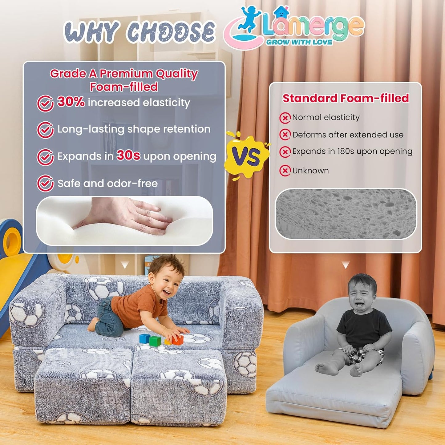 Lamerge Toddler Couch Glow in The Dark Toddler Fold Out Couch for playroom, Convertible Baby Fold Out Play Foam and Floor Cushion for Bedroom (Grey+Football)