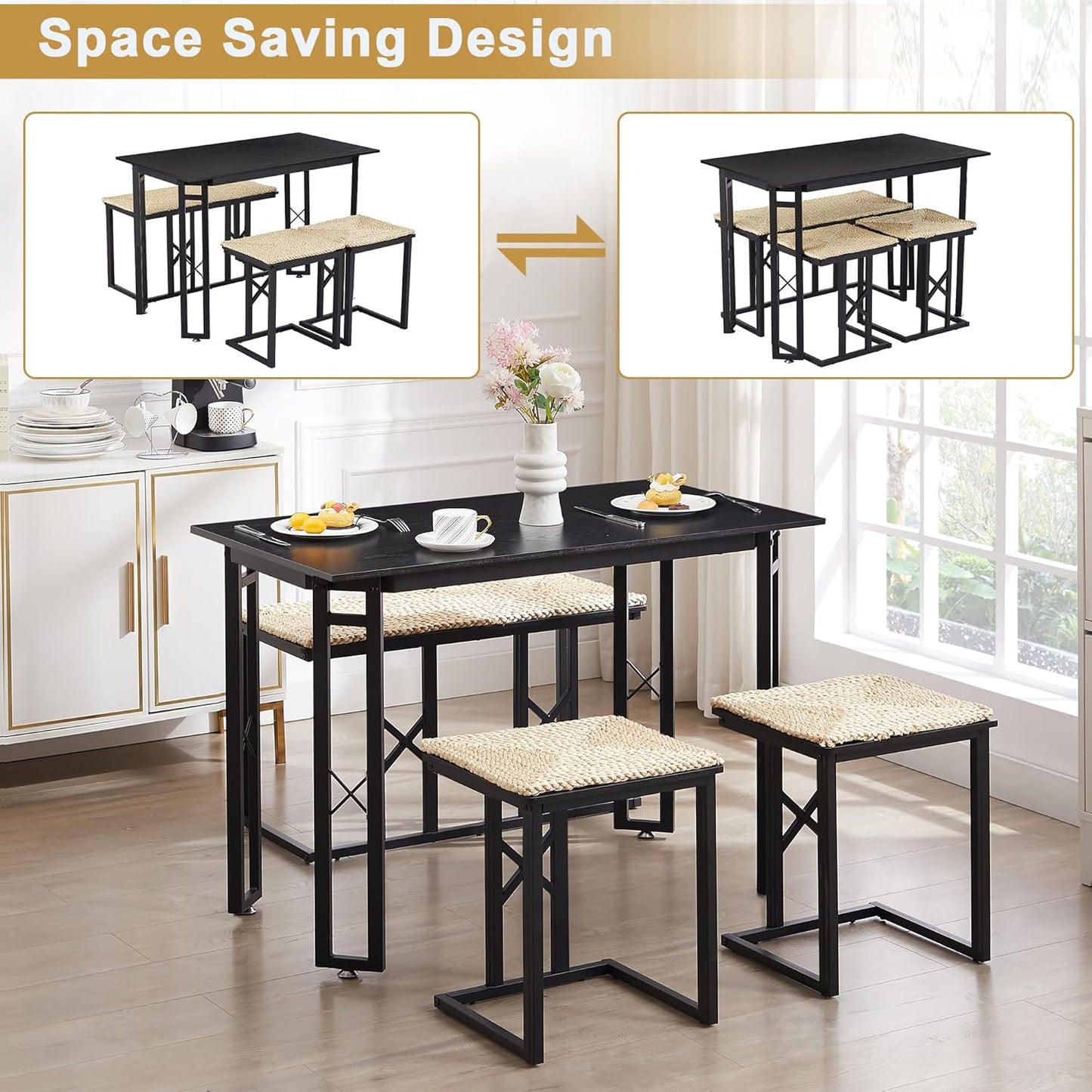 VECELO 43.3" Dining Table Sets, Farmhouse Small Kitchen Table for 4 with 2 Benches Wicker Mats,Metal Frame Space-Saving Adjustable Feets Coffee Table for Home Kitchen Dining, Pitch Black