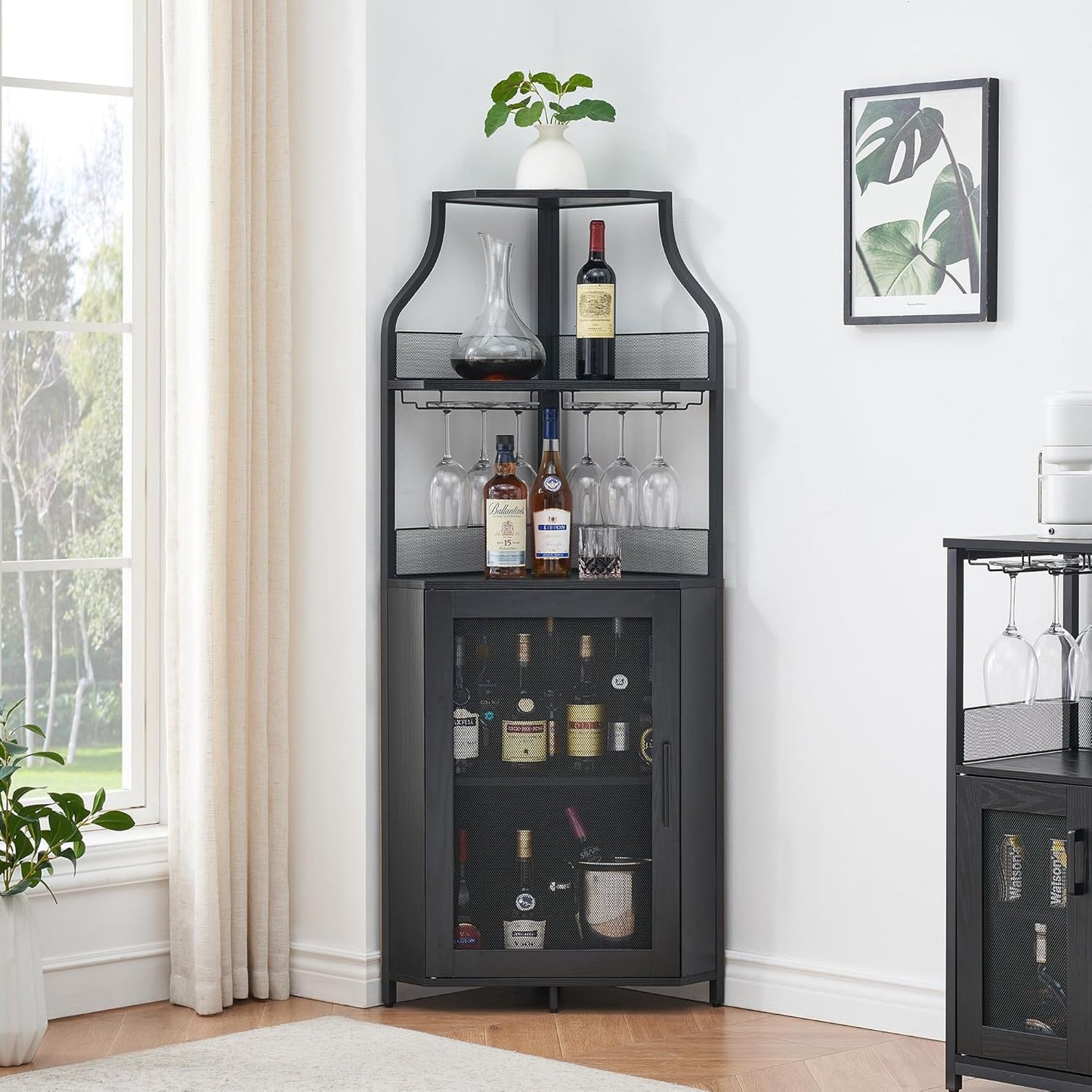GarveeHome Corner Wine Cabinet with Detachable Wine Rack, 5-Tier Industrial Corner Bar Cabinet with Barn Door and Glass Holder, Farmhouse Buffet Cabinet and Home Bar, Black