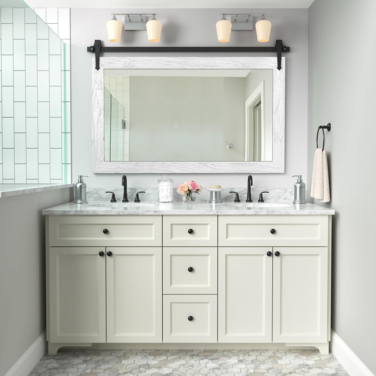 Farmhouse Mirror 42”x28” White Rustic Mirror for Wall Vanity Mirrors Barn Door Style Decor Bathroom Living Room Entryway Bedroom Mirrors