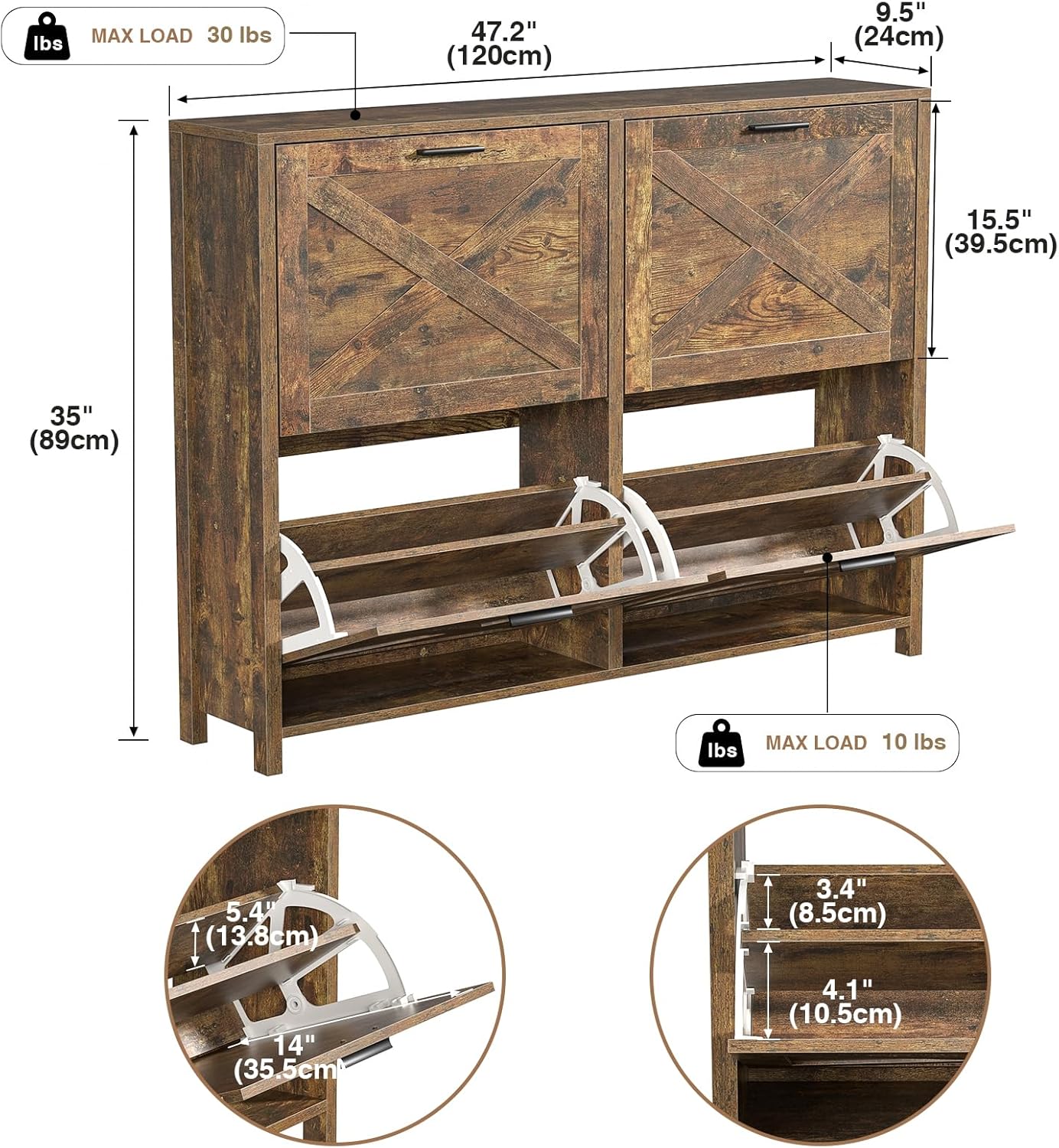 47" W Large Shoe Storage Cabinet with 4 Flip Drawers, Freestanding Hidden Shoe Cabinet Organizer with Adjustable Shelf, Narrow Shoe Cabinet for Entryway Hallway Living Room