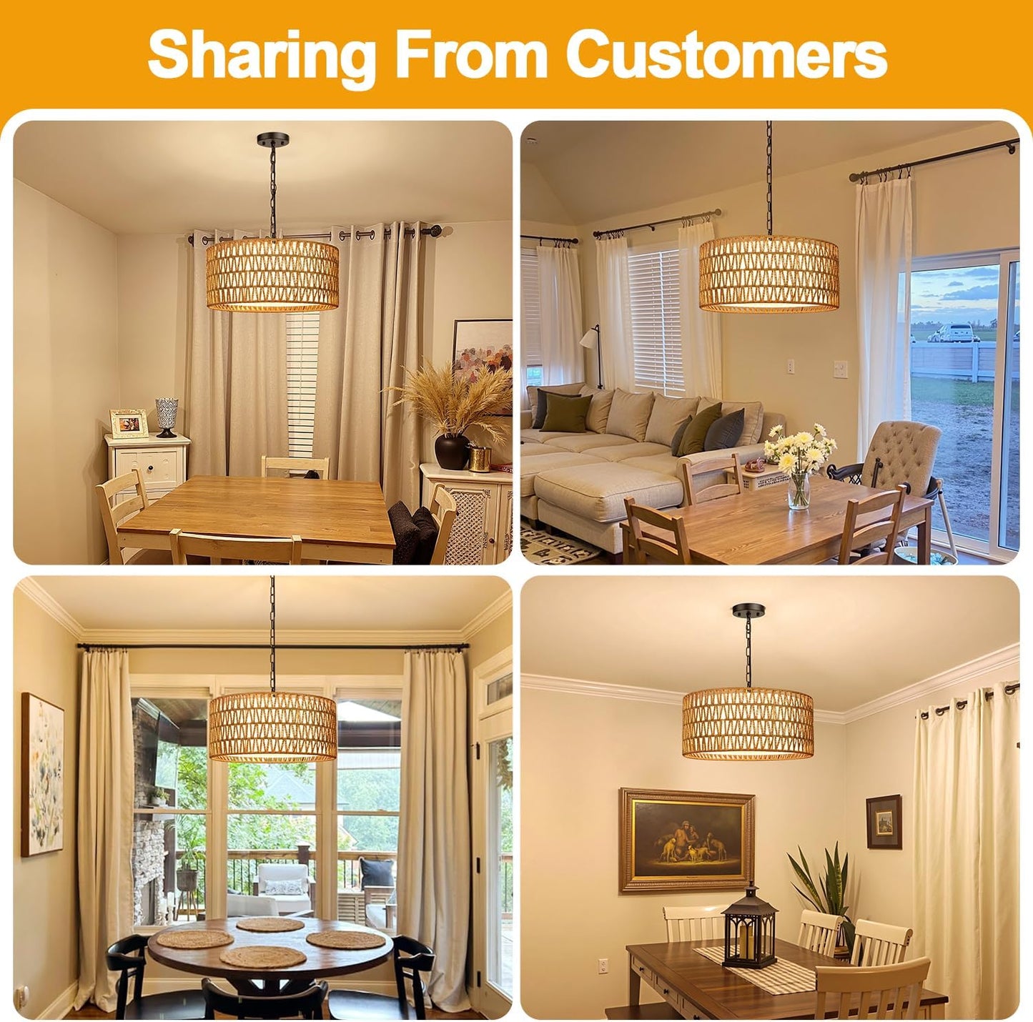 Farmhouse Chandeliers for Dining Room, Hand Woven 5-Light Rattan Pendant Light, Boho Rattan Chandelier with Linen Shade, Rustic Hanging Lighting for Bedroom and Kitchen Island (Bulb Not Included)