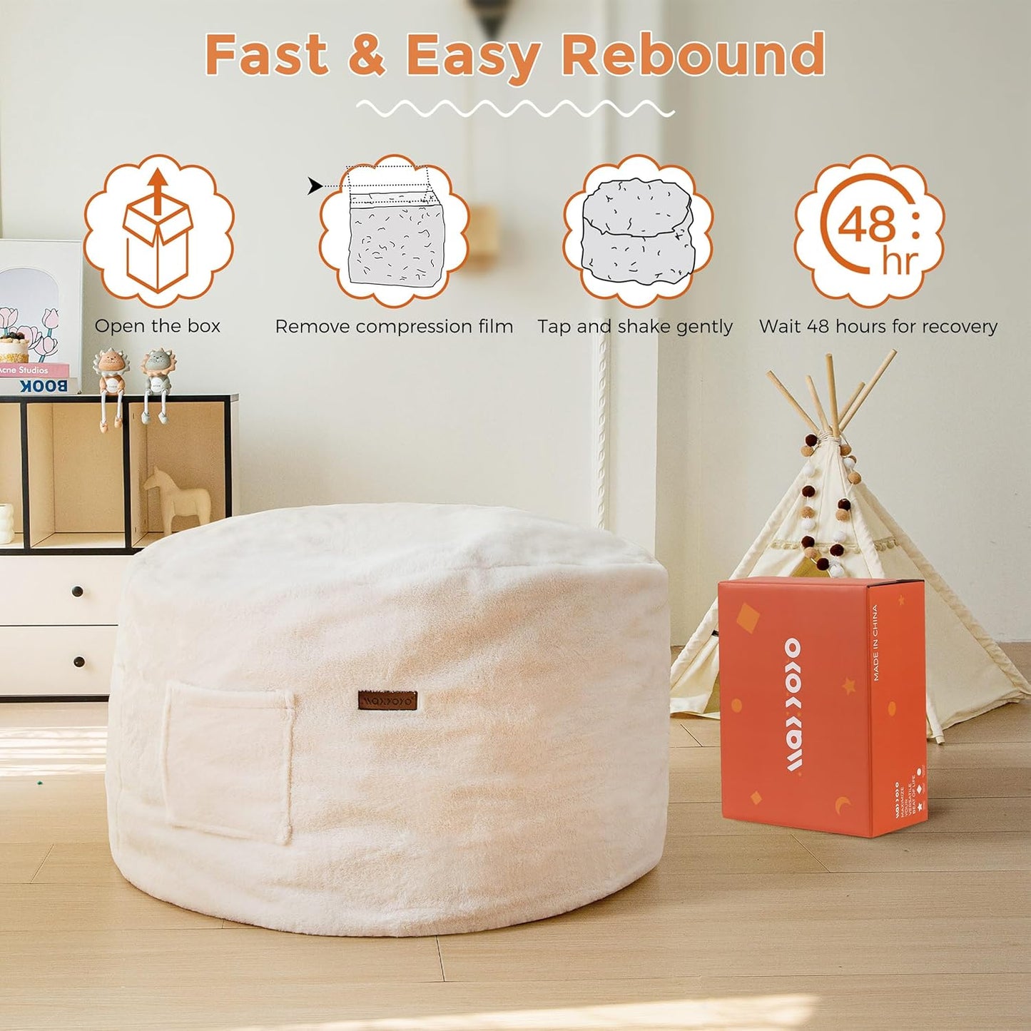 MAXYOYO Kids Bean Bag Chair, Stuffed Faux Fur Bean Bag for Toddler, Ultra Soft Floor Sofa with High-Density Foam Filling, Lazy Chair for Living Room, Playroom, Nursery Room