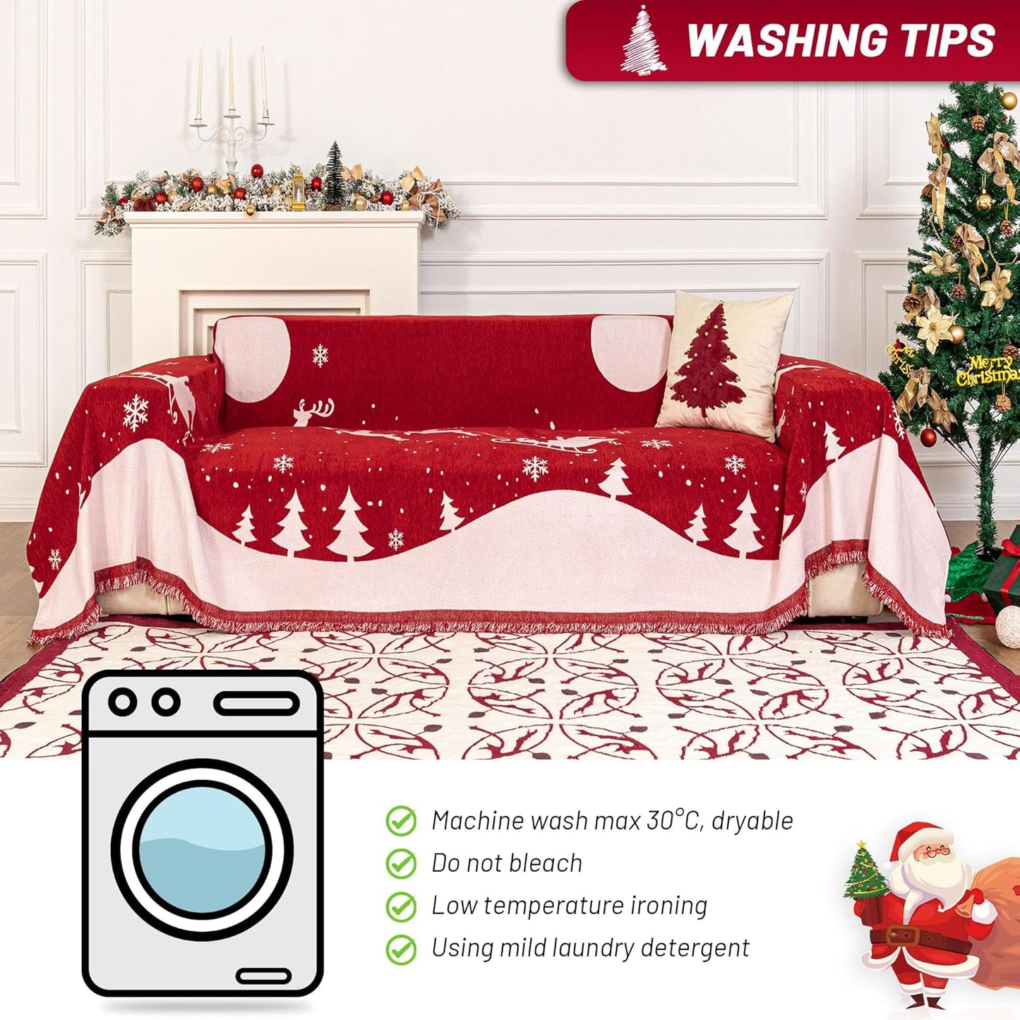 MYSKY HOME Christmas Couch Cover, Washable Pet Couch Covers for Sofa, Sectional Couch Covers L Shape Throw Sofa Slipcover, Soft Washable Sofa Covers for 2 Cushion, 71"x118", Red