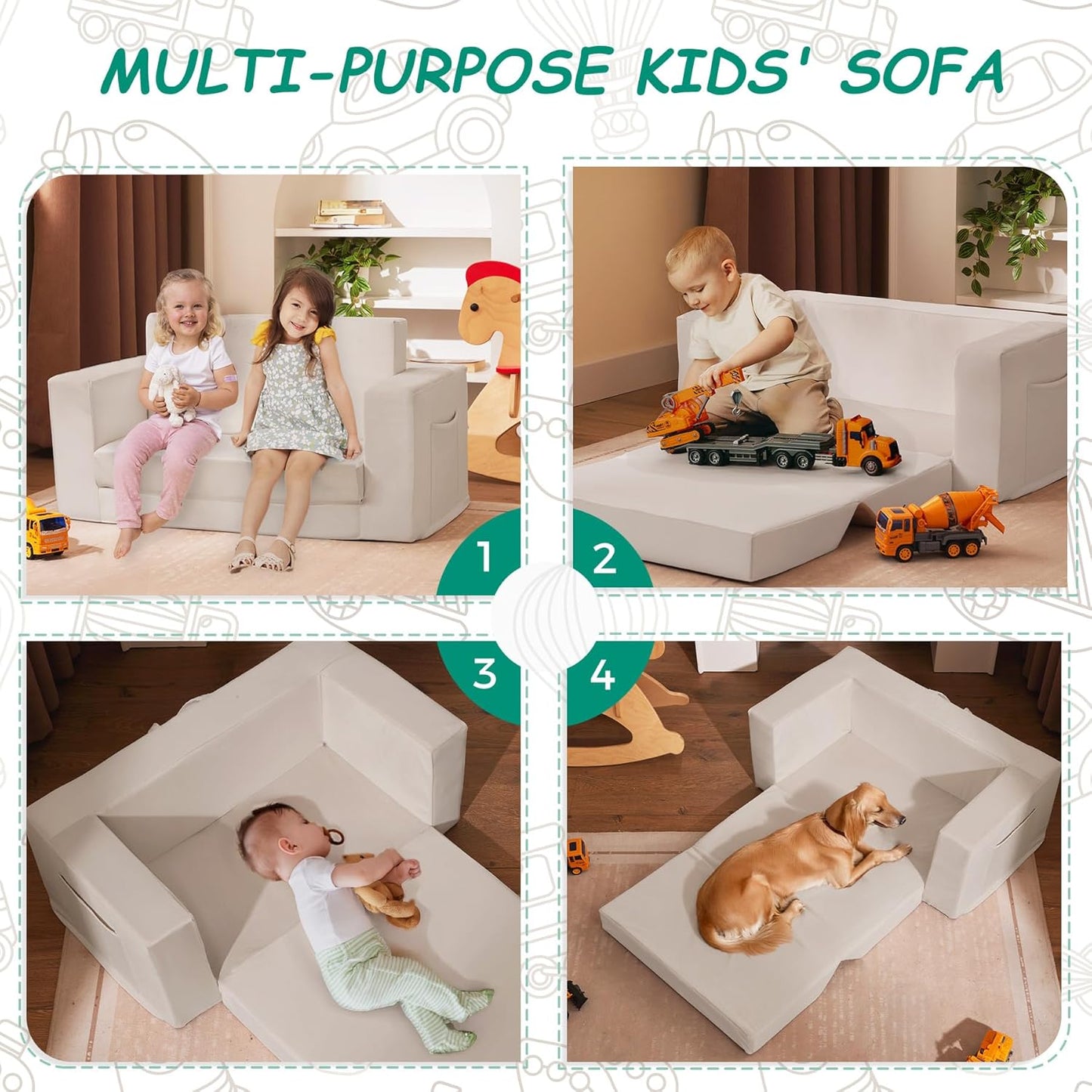 Kids Couch, 2-in-1 Toddler Chair Comfy 1-3 Years, Convertible Kids Chair, Toddler Couch That Fold Out, Kid Lounge Chairs for Boys and Girls, Soft Coral Fleece, Double, Beige