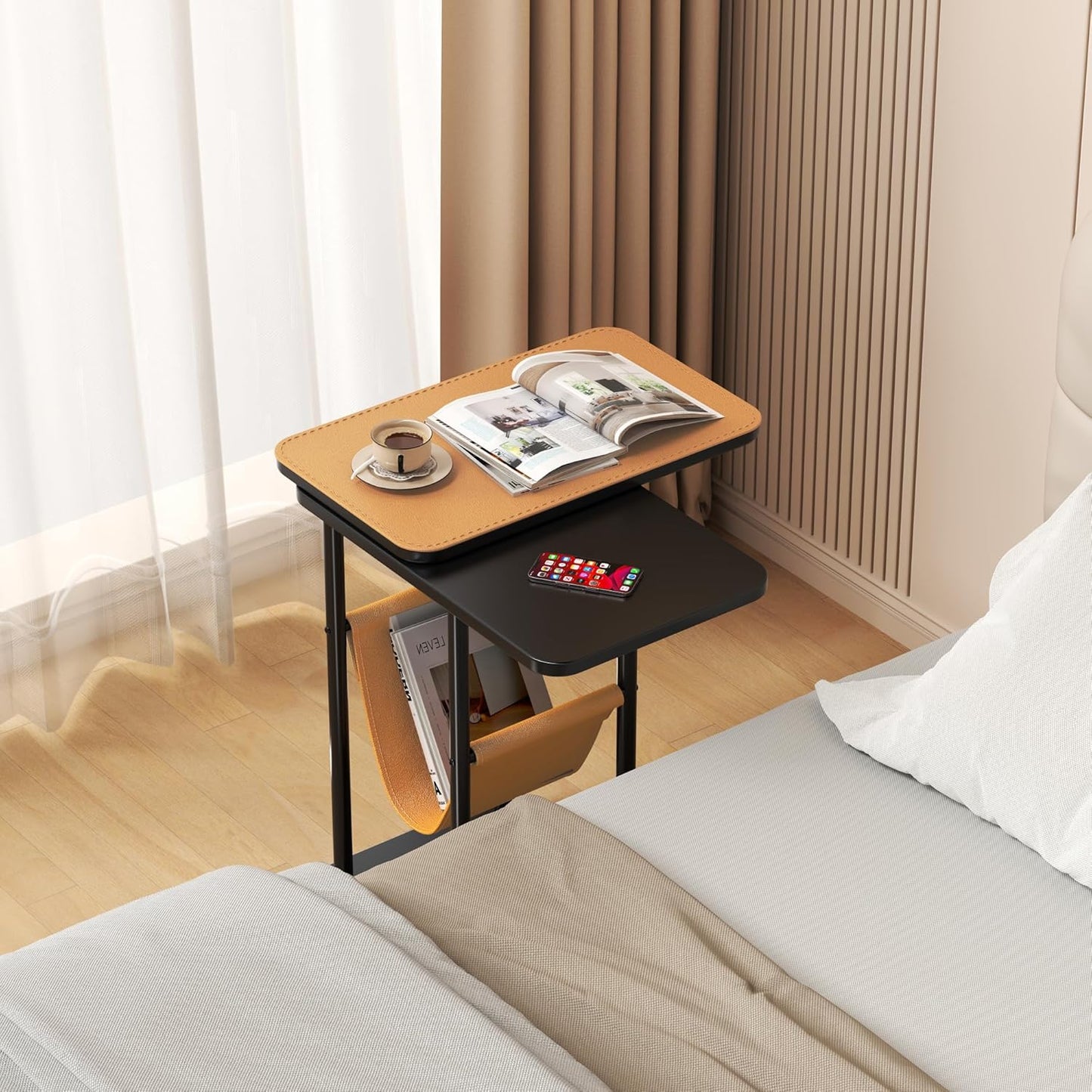 C Table End Table, Metal Base C Shaped Side Table, Double Tabletop Laptop Stand TV Table for Sofa and Bed, Couch Tables That Slide Under, Coffee Table for Bedroom Living Room Small Spaces (Walnut-1)