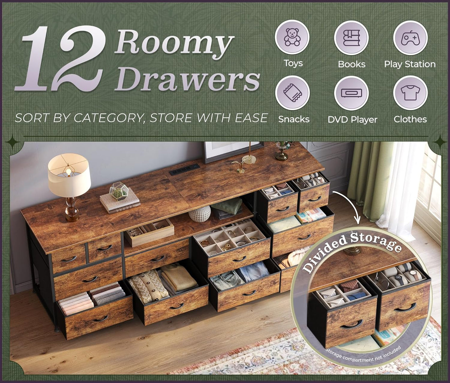 Huuger 63 Inch Dresser TV Stand with LED Lights, Power Outlets and USB-C Port, 12 Fabric Drawer Dresser for Bedroom, Entertainment Center for 65, 70 Inch TV, Media Console, Open Shelf, Rustic Brown