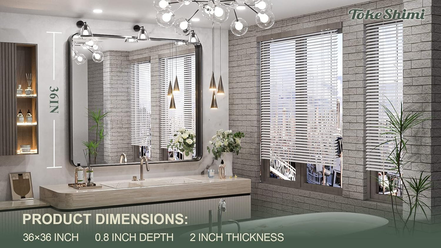 TokeShimi 36 x 36 Inch Wall Mirror Black Bathroom Vanity Mirror with Metal Frame Aluminum Alloy Soft Rounded Corner for Modern Farmhouse Wall Decor 1”Deep Set Design (Horizontal/Vertical)