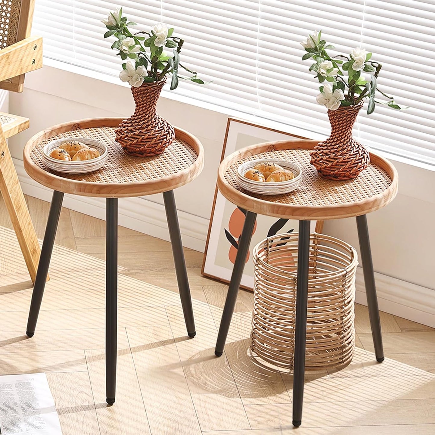 LITA 2 Pcs Rattan Log Desktop Round Side End Table, Nightstand/Small Tables, Indoor Outdoor Wooden Tray Table with Metal Stand End Table for Living Room Bedroom Office Small Spaces