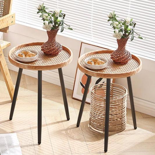 LITA 2 Pcs Rattan Log Desktop Round Side End Table, Nightstand/Small Tables, Indoor Outdoor Wooden Tray Table with Metal Stand End Table for Living Room Bedroom Office Small Spaces
