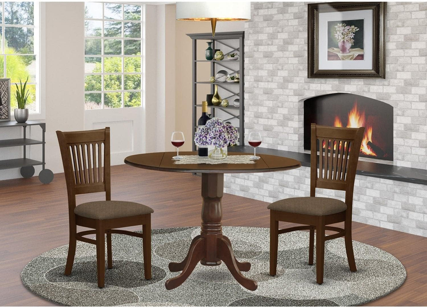 East West Furniture DLVA3-ESP-C 3 Piece Kitchen Table & Chairs Set Contains a Round Dining Room Table with Dropleaf and 2 Linen Fabric Upholstered Chairs, 42x42 Inch, Espresso
