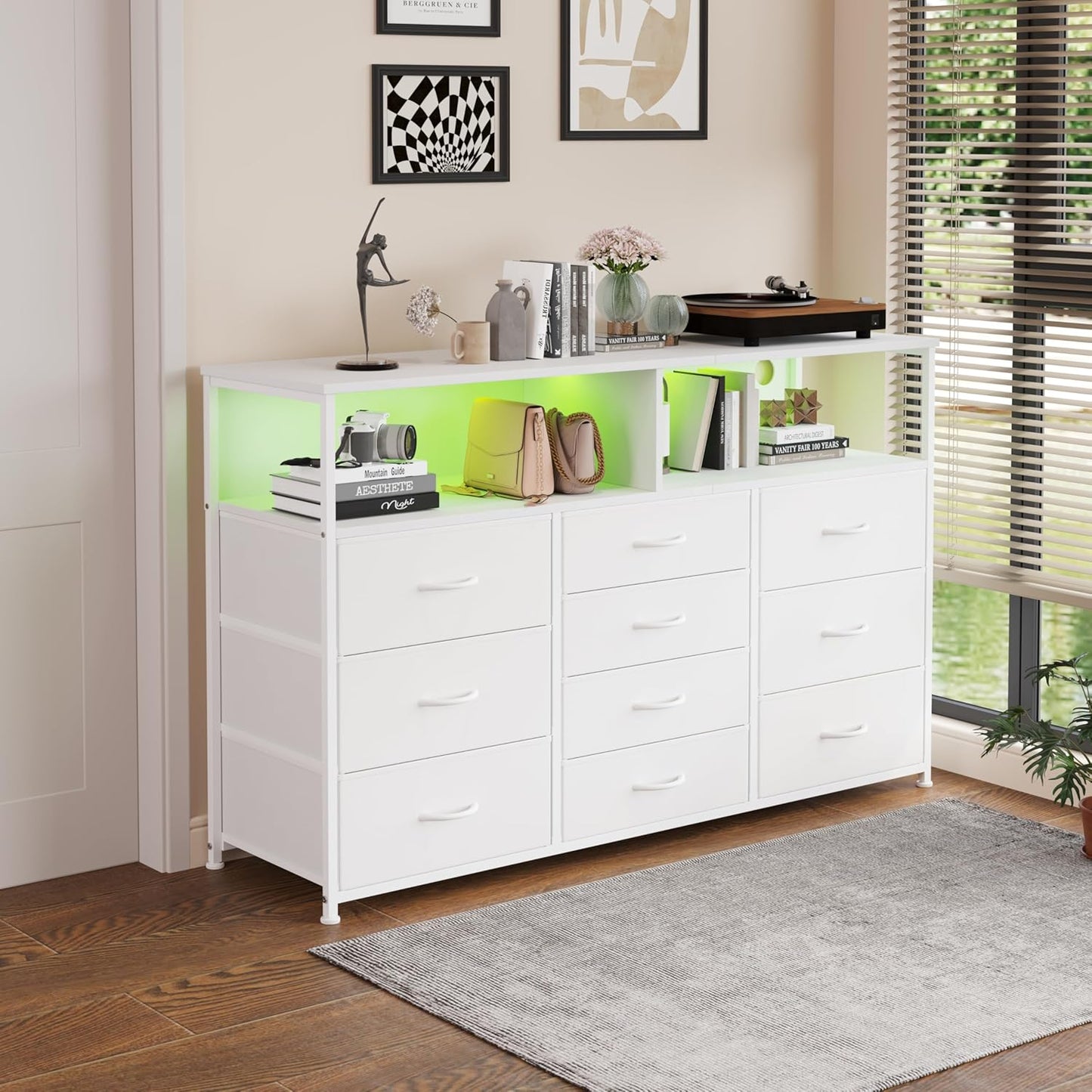 55W 10-Drawers Dresser with 2 Open Storage Shelves, TV Stand Dresser for 55,65 inch TV，with Power Outlets and LED Lights, Fabric Dressers Drawers for Bedroom, Living Room (White)