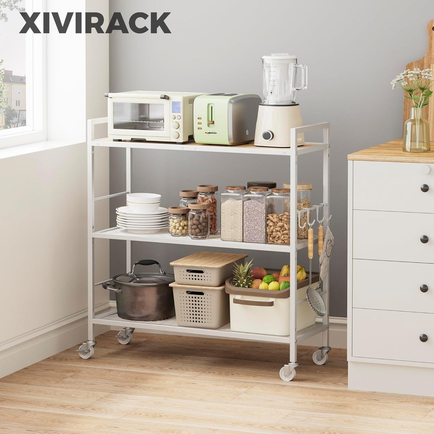 3-Tier Metal Storage Rack with Industrial Wheels,Mesh Shelving Unit with Wooden Table top,Adjustable Shelf,31.5-Inch Width, for Kitchen, Laundry,Pantry,Plant,Oak panel and white frame