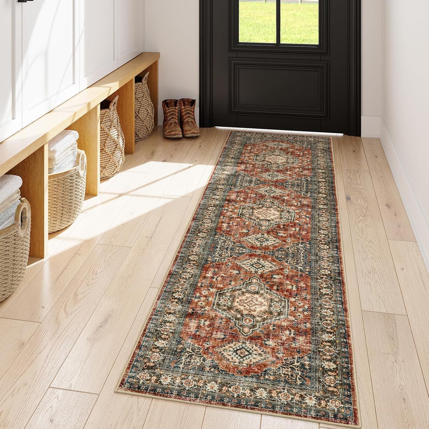 Lahome Oriental Washable Kitchen Runner Rug, 2x6 Carpet Runners for Hallway 6ft Non Skid, Vintage Soft Hallway Rug for Bathroom Bedroom Entryway, Brick Red