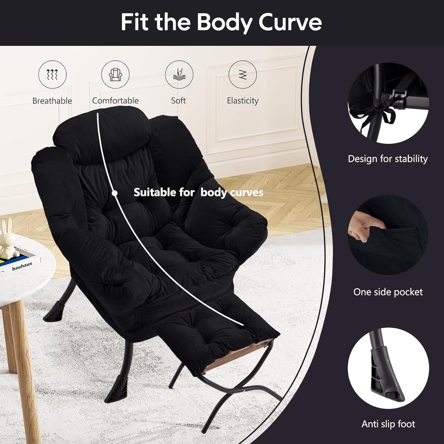 Lazy Chair with Folding Ottoman Modern Large Accent Chair,Contemporary Lounge Leisure Sofa Chair with Armrests Upholstered Sofa Armchair Reading Chair for Bedroom,Dorm & Office(Black-f)