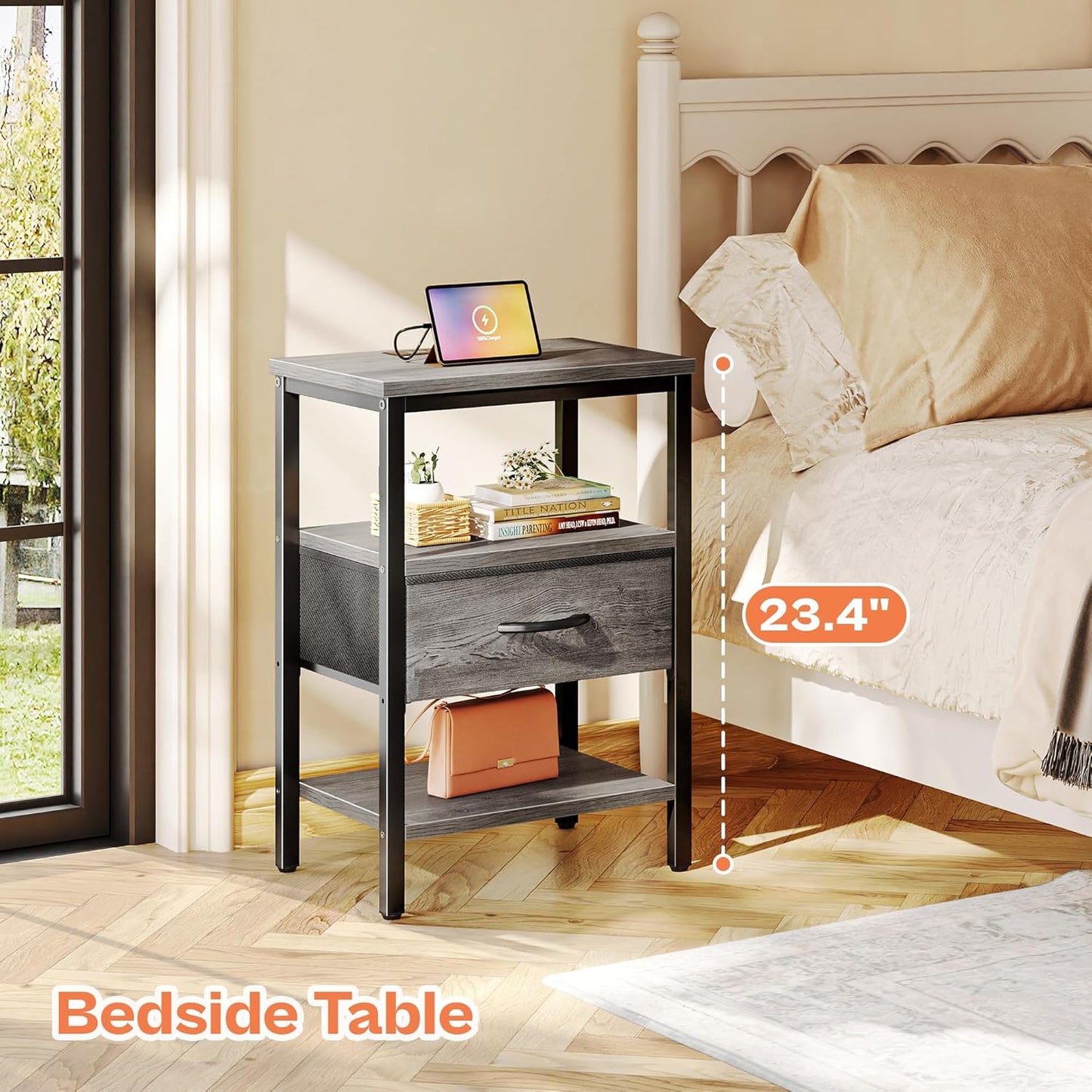 SUPERJARE Nightstand with Charging Station, Bed Side Table with Adjustable Fabric Drawer, Night Stand for Bedroom, 3-Tier Storage End Table, for Living Room, Grey