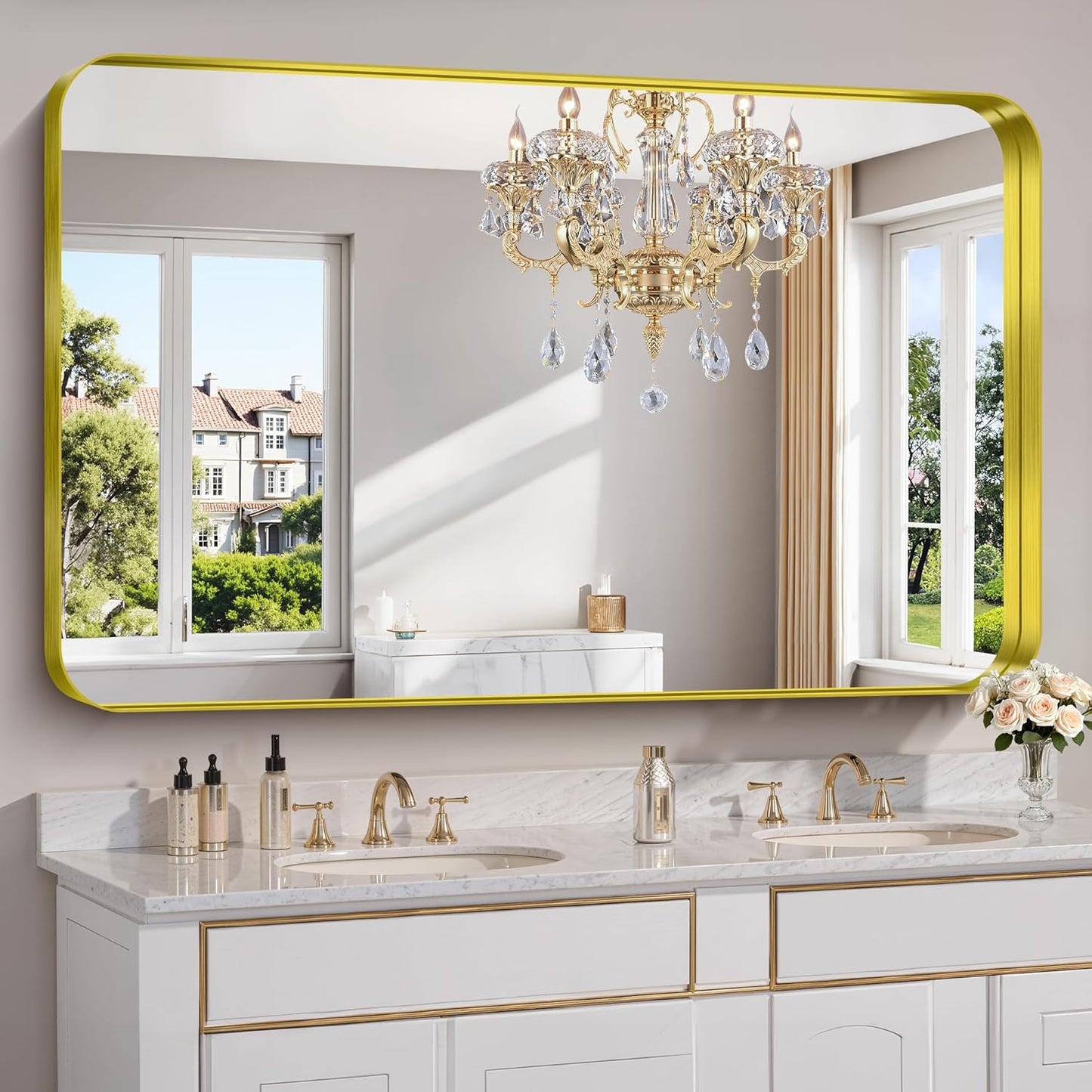 FORBATH 60x36 Inch Large Bathroom Mirror for Double Sinks, Brushed Gold Deep Frame Wall Mirror with Rounded Corners, Anti-Rust Tempered Glass for Modern Farmhouse Vanity (Horizontal/Vertical)