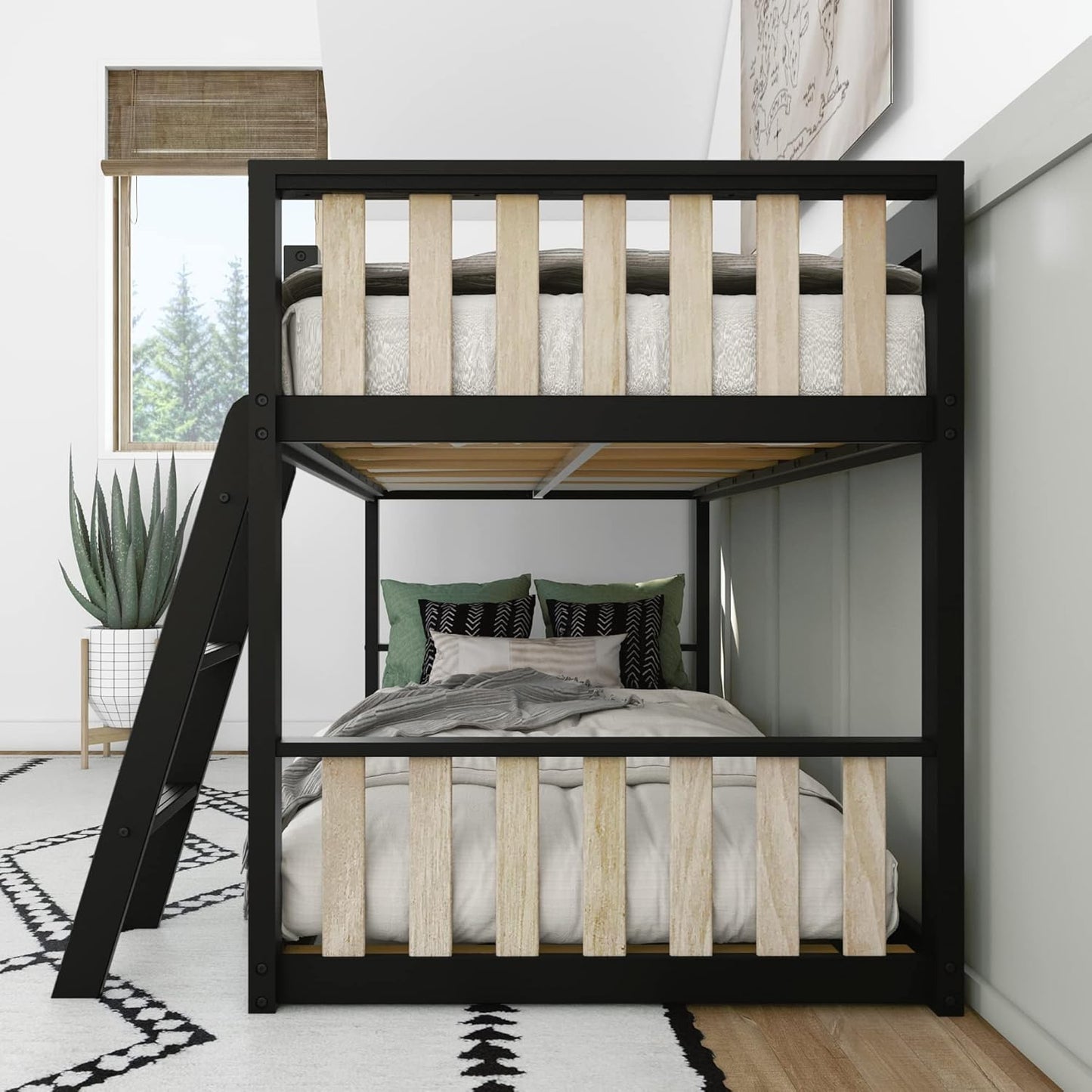 Max & Lily Low Bunk Bed, Scandinavian Modern Bunk Bed, Solid Wood Twin-Over-Twin Bed Frame for Kids, No Box Spring Needed, Black/Blonde