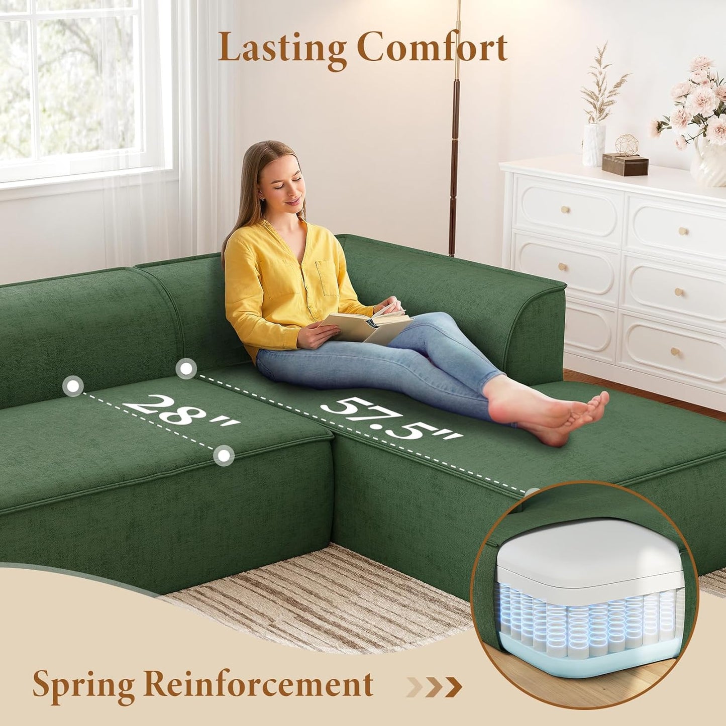 Vesgantti 106" Cloud Sectional Couch with Chaise, Deep Seat Modular Sectional Sofa Chenille Memory Foam Sofa Boneless Couches for Living Room Bedroom, No Assembly Required (Green, Right-Facing Chaise)