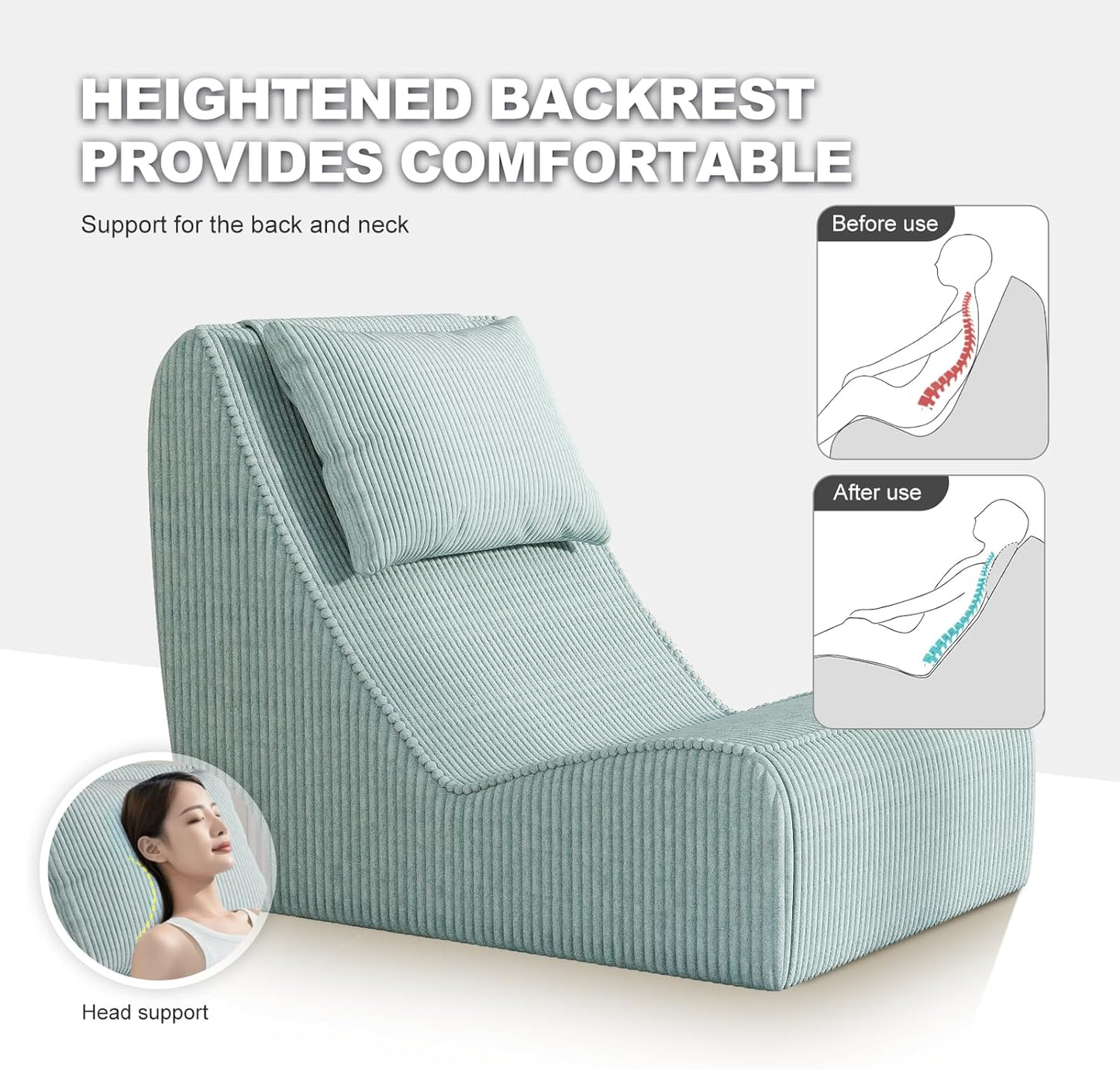 Giant Bean Bag Chair for Adults,Corduroy Chaise Lounge with Unrivaled Back Support, Detachable Neck Pillow, Comfortable Ottoman & Washable Cover for Living Room, Bedroom, Garden(Mint Green)