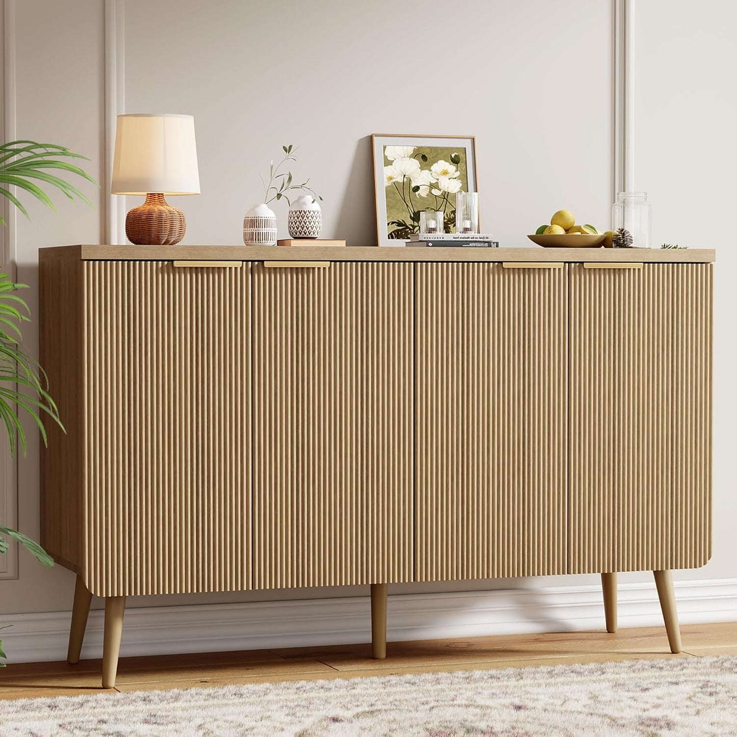 Sideboard Buffet Cabinet with Storage, 4 Doors Wood Entryway Cabinet, Modern Accent Cabinet with Solid Wood Feet & Adjustable Shelves, Multifunctional Console Table for Living Room, Kitchen, Hallway