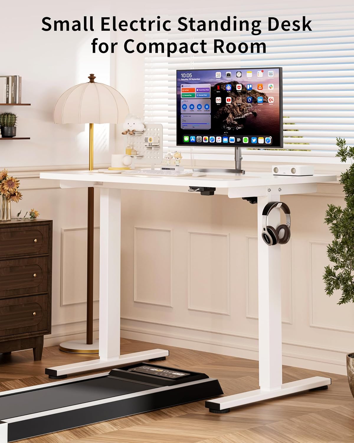 Okin Small Electric Standing Desk, 40" x 24" Whole Piece Height Adjustable White Sit to Stand Desk Computer Workstation for Home Office