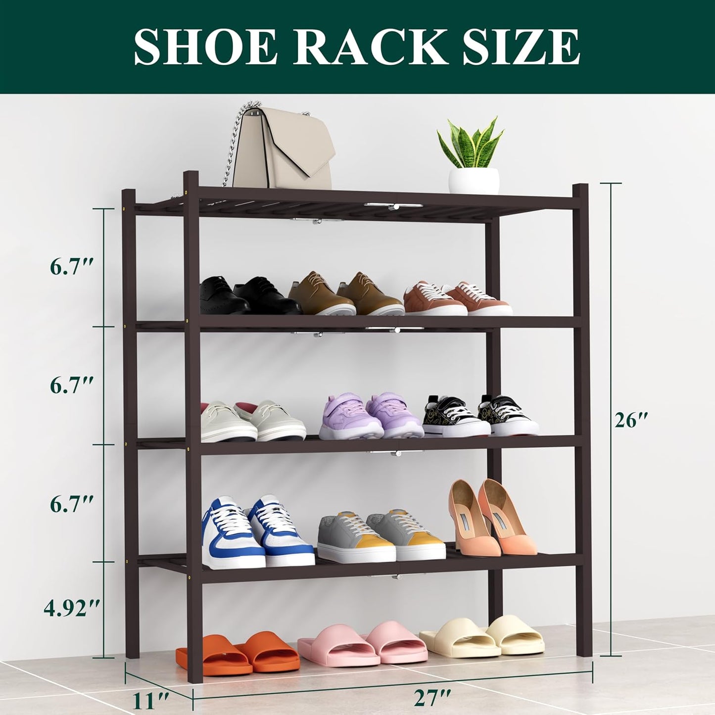 Smiry Shoe Rack, 4 Tier Thick Bamboo Shoe Organizer, Stackable Free Standing Wooden Shoe Storage Shelf for Closet, Entryway, Front Door Entrance, Brown