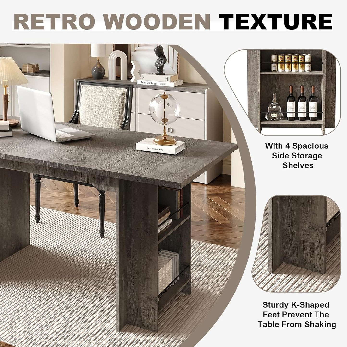 Garvee 63 Inch Dining Table for 2-4, Farmhouse Rectangular Kitchen Table with Waterproof Wood Tabletop, Heavy Duty Legs & 2-Tier Storage Shelves for Kitchen, Dining Room, Grey