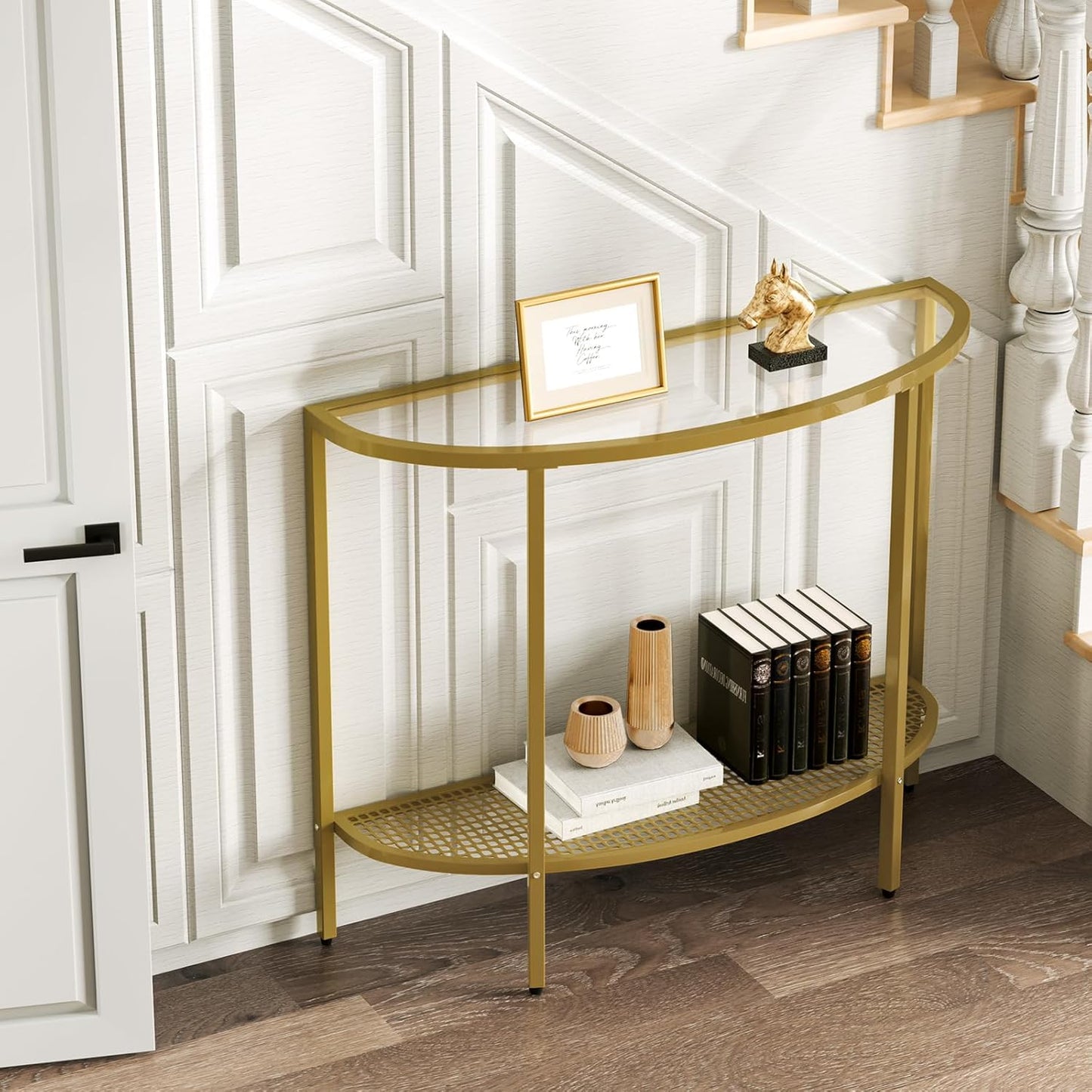SAYGOER Glass Half Moon Console Table 2 Tier Narrow Entryway Table with Gold Metal Frames, Modern Couch Table Small Entry Way Tables, Easy Assembly, Clear Glass Gold Frames
