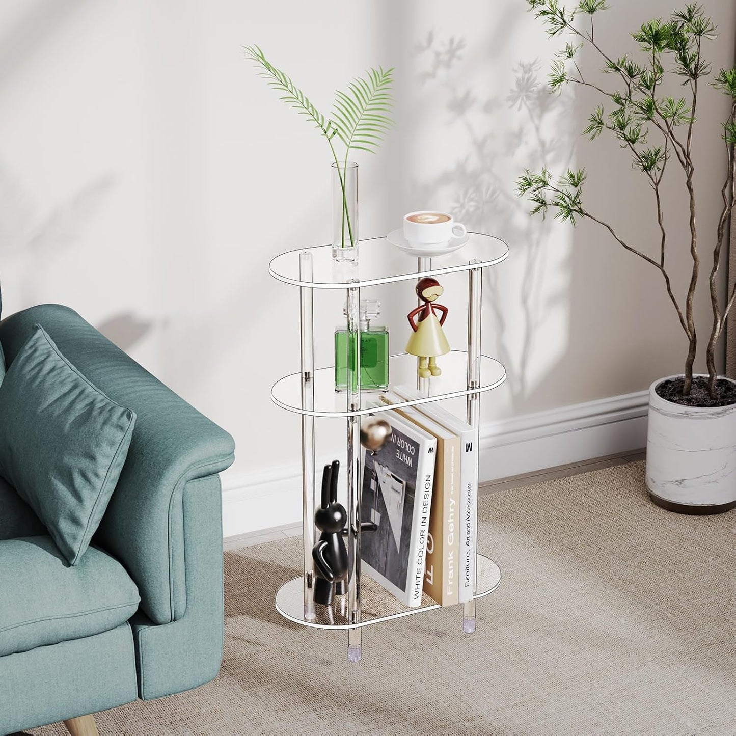 Clear Acrylic Narrow Side Table for Small Spaces, 15.75" L x 7.87" W x 24.6" H, 3 Tier Oval Slim End Table Nightstand, Small Minimalist Skinny Bedside Table for Bedroom, Bathroom, Living Room