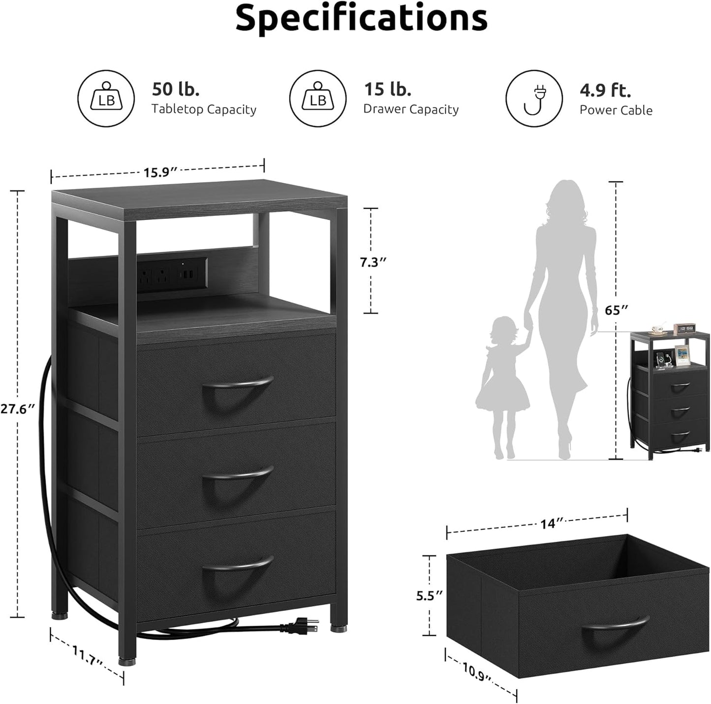 NightStand Bedside Charging Table Bedroom - Night Stand with Charger Station, Black Modern Bed Side End Table with Open Shelf & 3 Fabric Drawers, USB-C USB Ports & AC Outlets for Dorm, Living Room