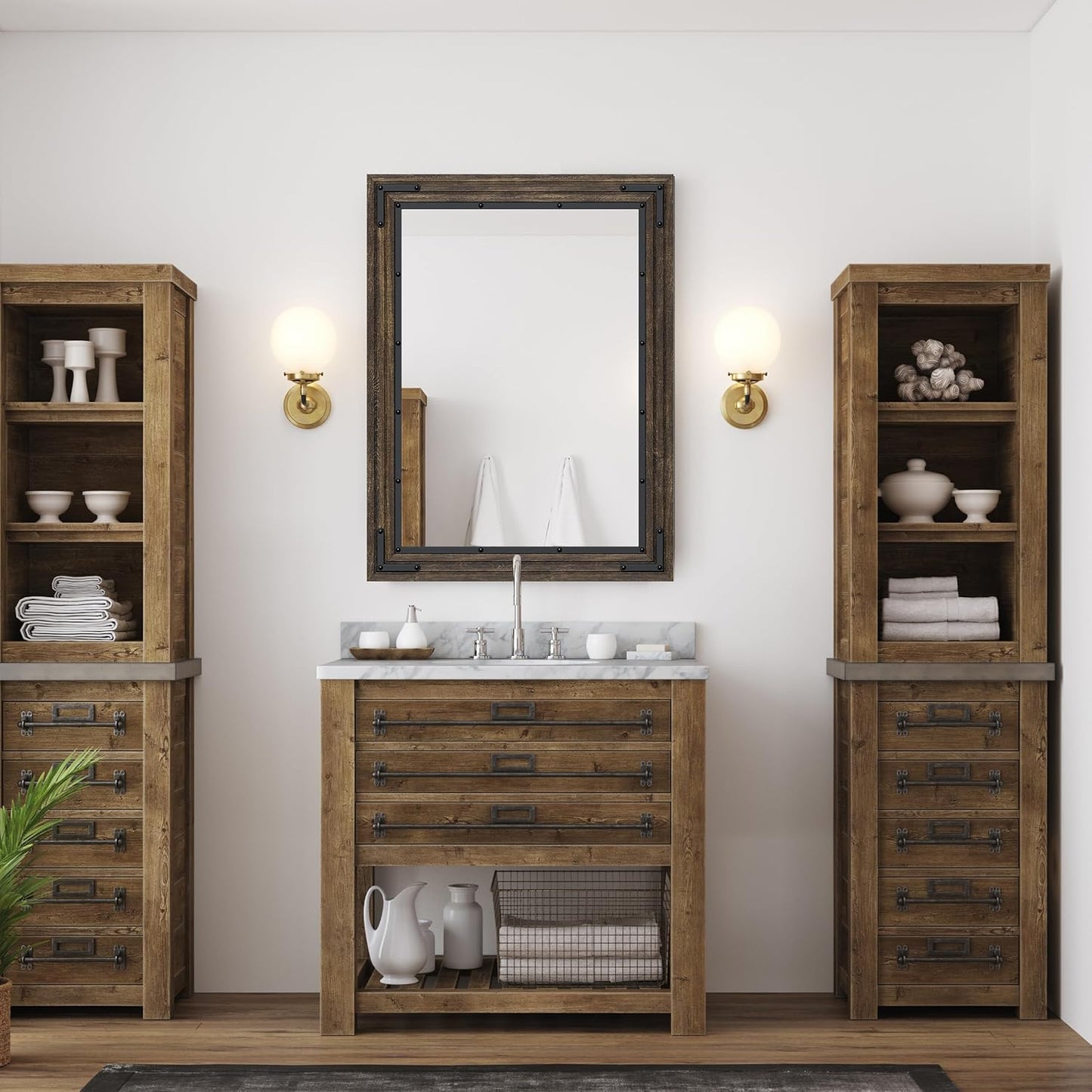 YOSHOOT Farmhouse Bathroom Mirror, Rustic Wood Mirror, Wooden Framed Vanity Mirror, Solid Wood & Handmade, Vertical or Horizontal Hanging for Bathroom Entryway Living Room Bedroom, 32" x 24", Brown