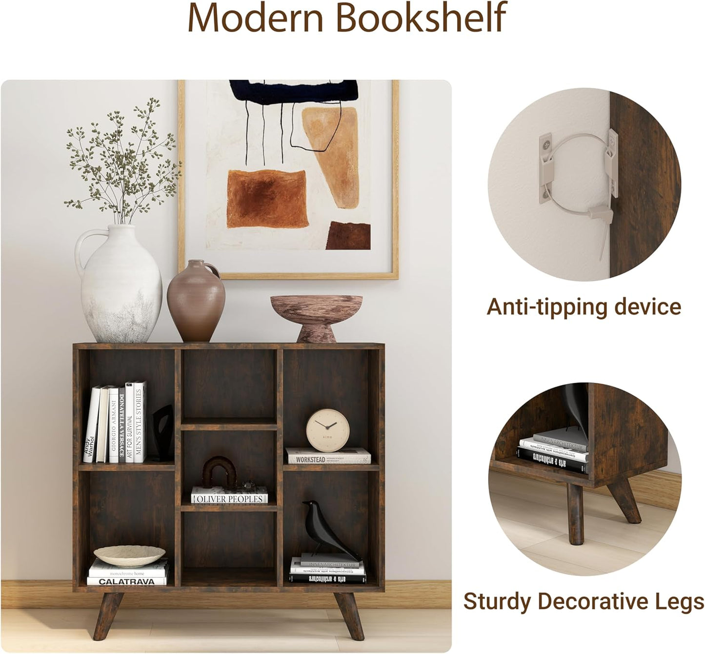 Manora Rustic Brown 7 Cube Mid Century Modern Bookshelf, Wooden Storage Organizer with Open Shelves, Retro Bookcase for Living Room, Bedroom, Home Office