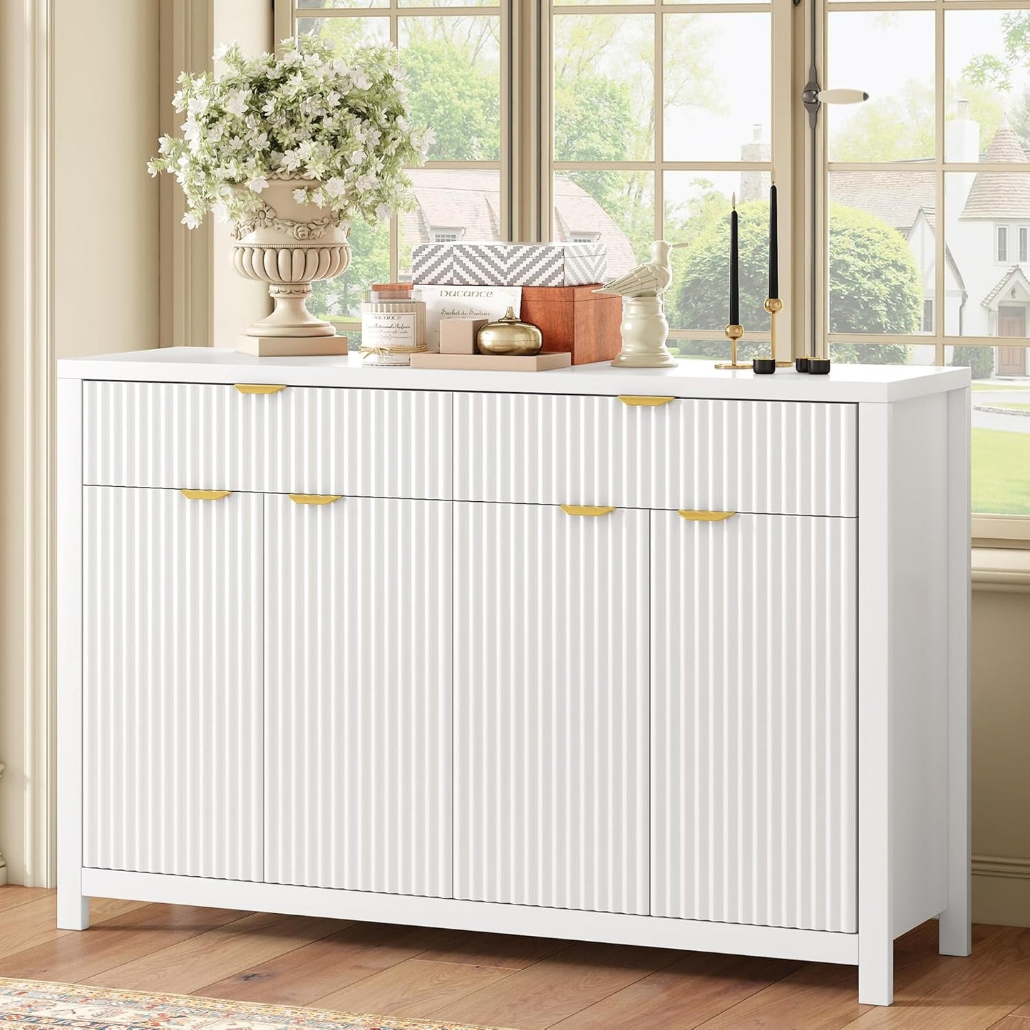 Merax Modern Wave-Pattern Sideboard Cabinet with 2 Drawers and 4 Doors,Buffet Cabinet,Aluminum Arc Handles,Scandinavian Style,Suitable for Entryway, Living Room,Foyer,White