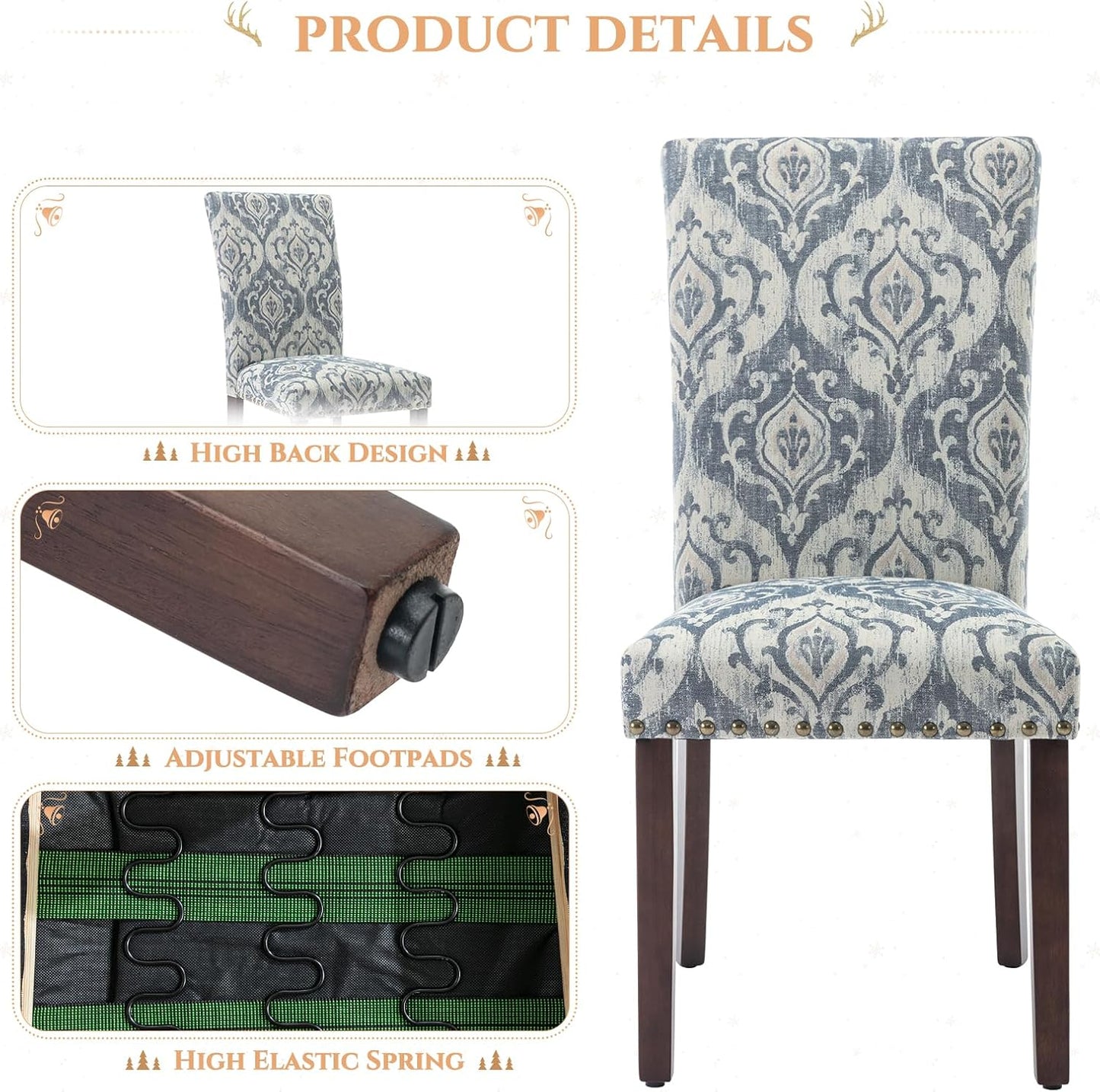 Parsons Dining Chairs Set of 2, Upholstered Nailhead Dining Room Kitchen Side Chair with Thick Cushions and Wood Legs, White/Blue