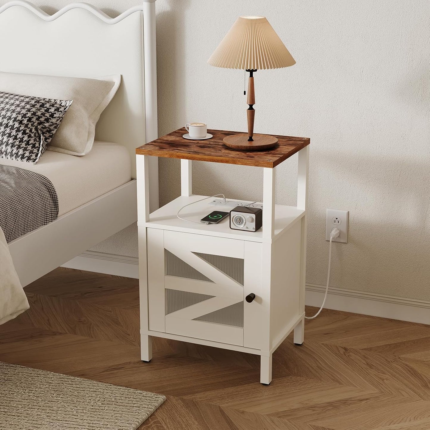 Farmhouse Nightstand with Charging Station, White Bedside Table with USB&Type-C Ports and Outlets, End Table with Storage, Acrylic Door, for Bedroom, White and Rustic Brown ETRW97E01
