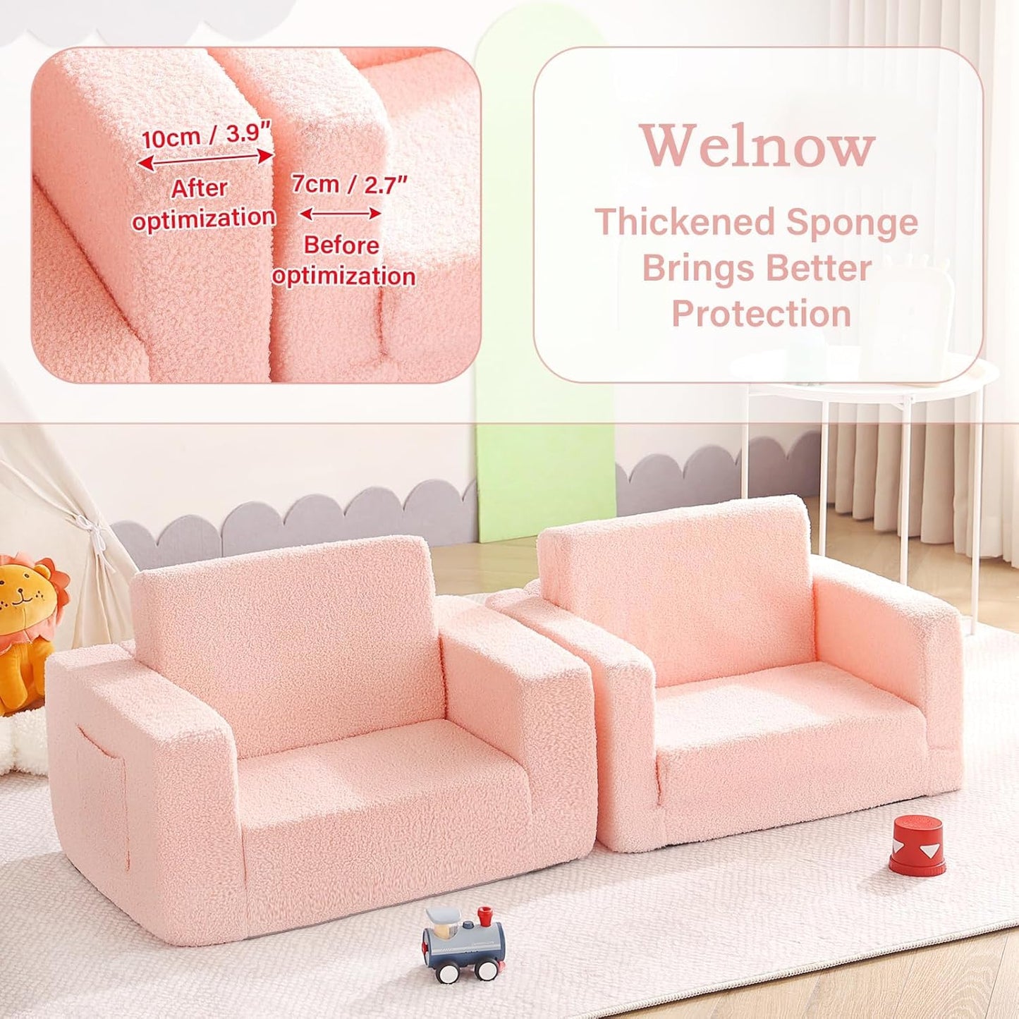Welnow Toddler Chair, 2-in-1 Soft Sherpa Kids Sofa, Convertible Toddler Couch Lounger, Flip Out Kids Couch Chair with Side Pockets & Removable Cover for Girls and Boys, Pink Moon