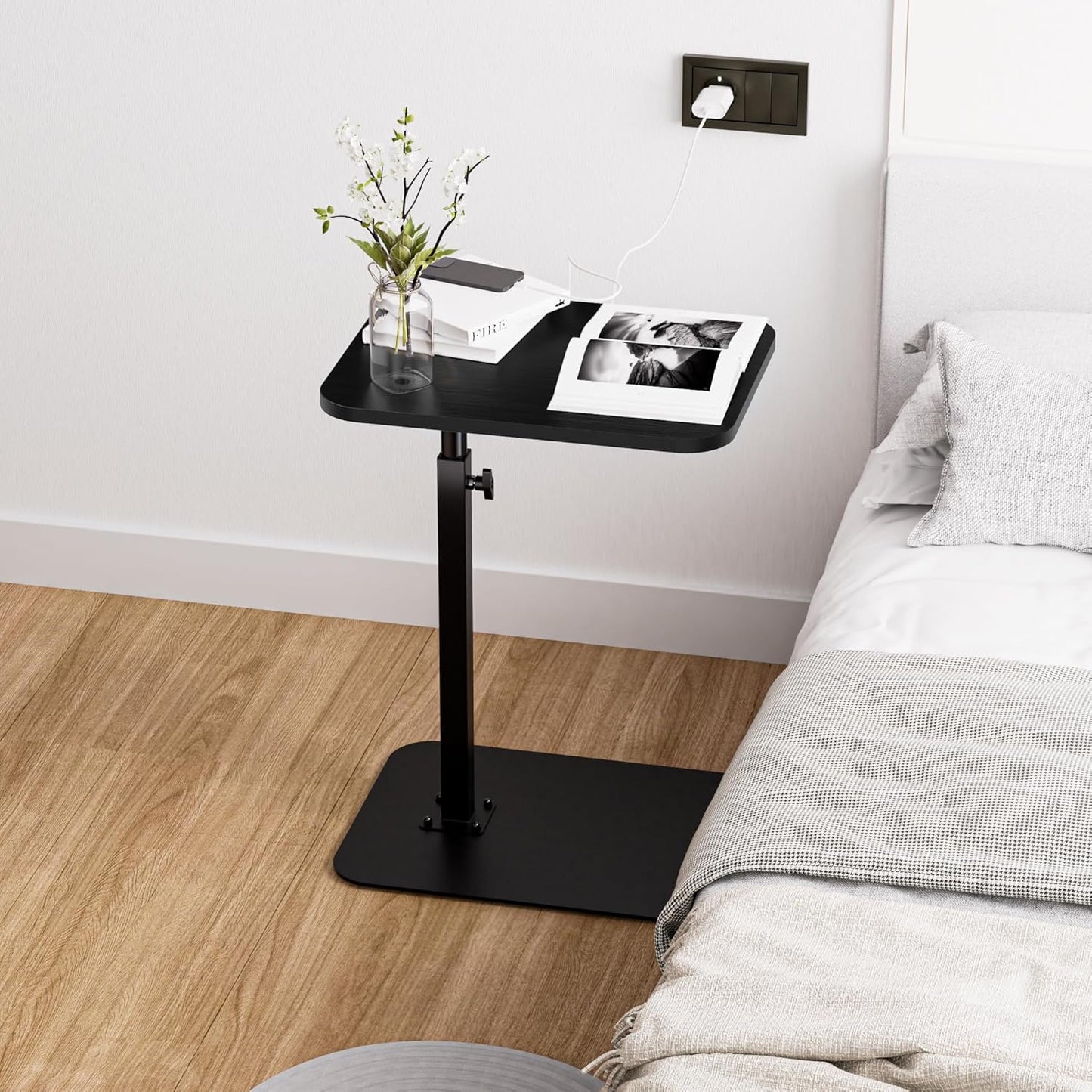 Side Table Sofa Tray for Couch Heavy Metal Base Swivel/Adjustable Height, Sofa Bed Bathroom Study TV Tray C Shaped End Table Food Snack Trays for Eating