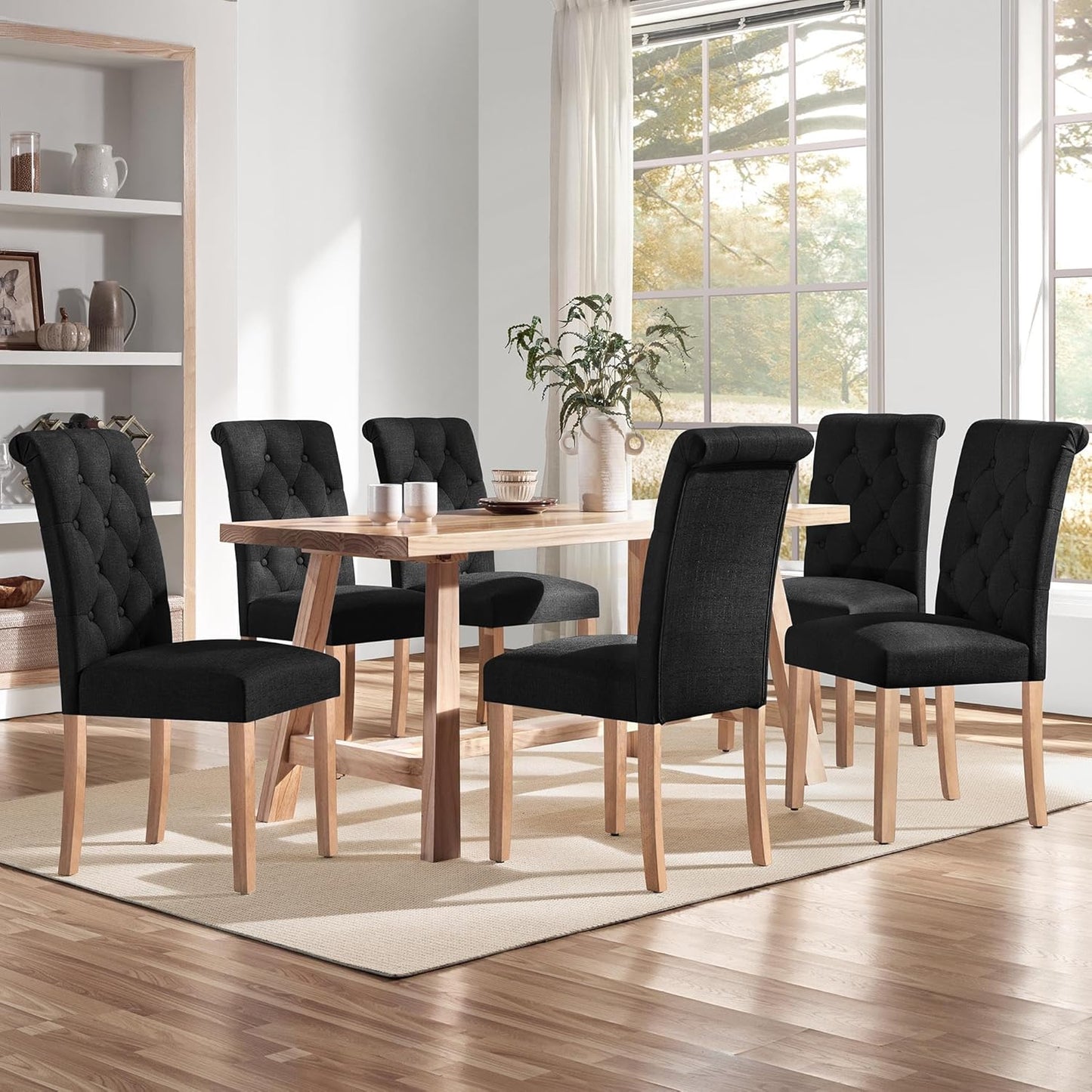 Yaheetech Dining Chairs Set of 6 Fabric Upholstered Dining Room Chairs with Button Tufted High Back and Solid Wood Legs for Kitchen/Living Room/Restaurant, Modern Style, Black