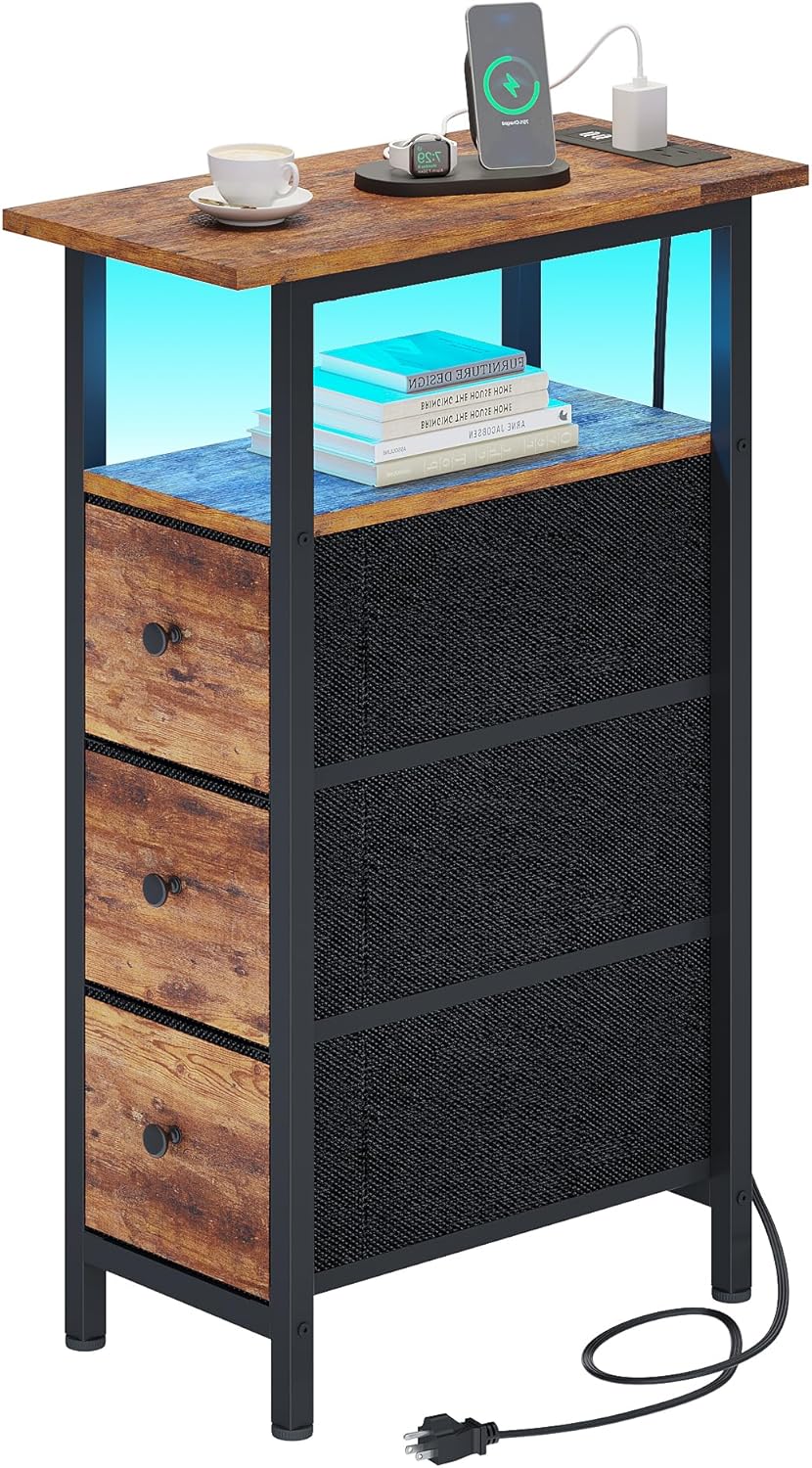 End Table with Charging Station, Narrow Side Table with 3 Fabric Drawers, Skinny Nightstand with LED Light, Slim Bedside Table for Bedroom, Living Room, Small Spaces, Rustic Brown