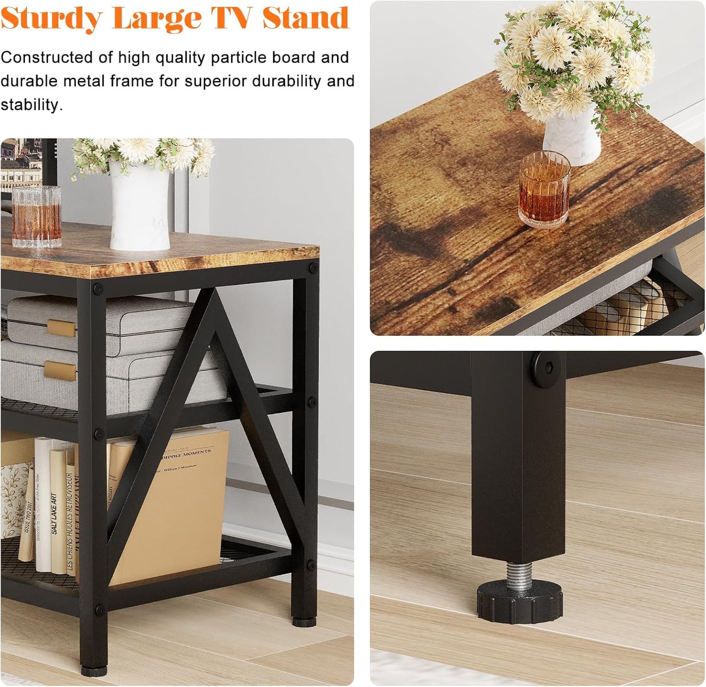 TV Stand for TVs up to 70 Inch, 63" Long Industrial TV Console Table with 3-Tier Storage Shelves, Entertainment Center for Living Room, Bedroom (Rustic Brown)