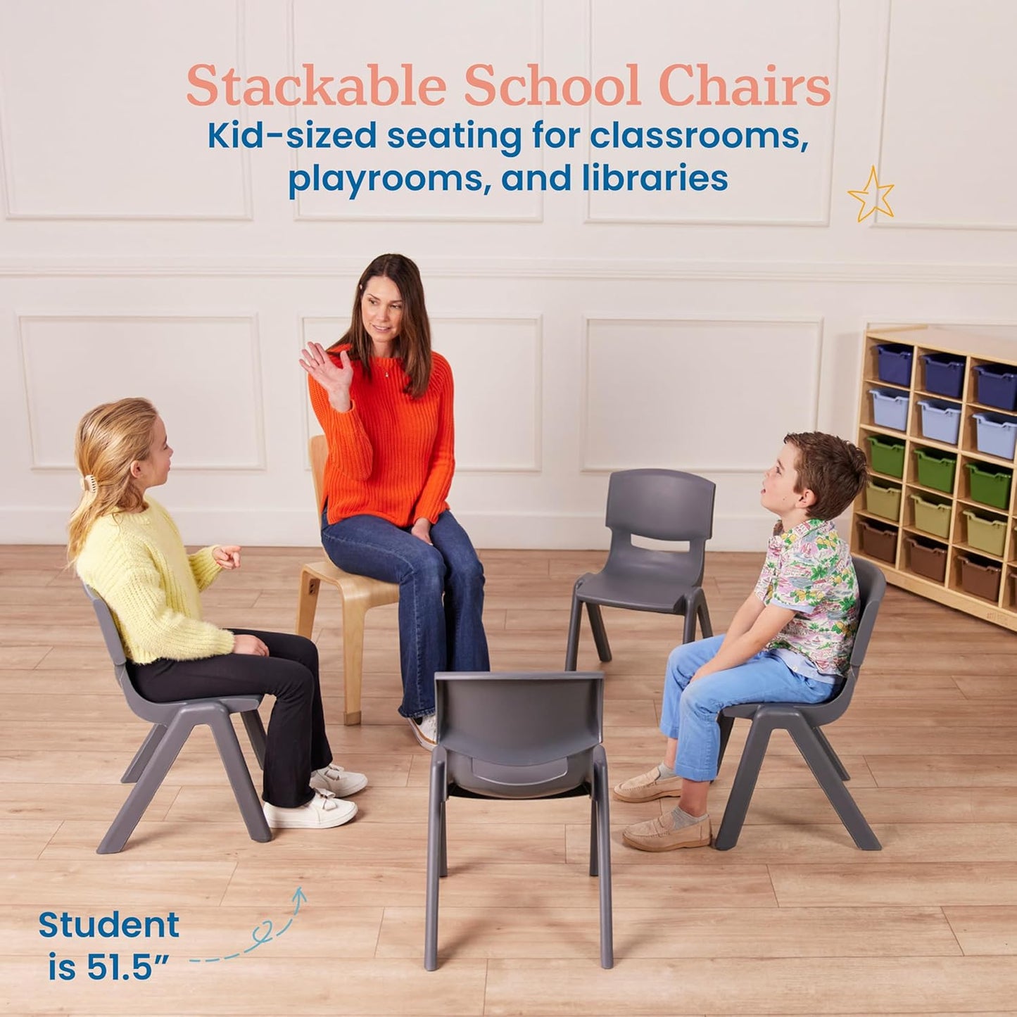 ECR4Kids 14in Plastic School Stack Chair, Children's Furniture, Grey, 4-Pack