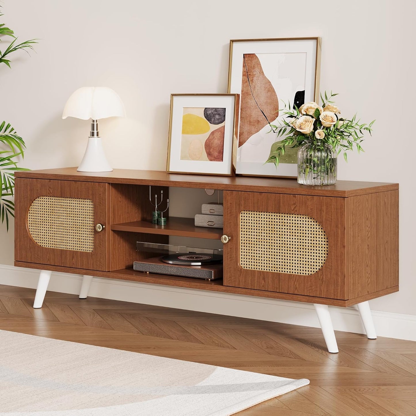 55" Rattan TV Stand for 65 Inch TV Solid Wood TV Console Entertainment Center with 2 Cabinets for Living Room Bedroom, Retro Brown